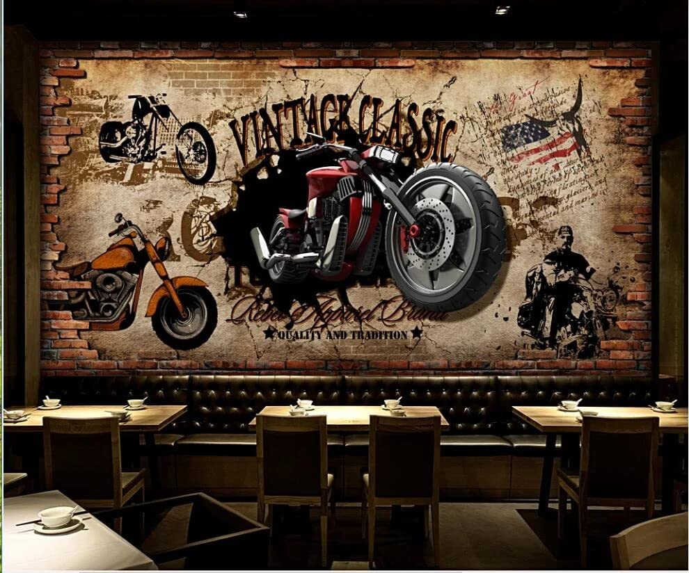Custom Size Wall Murals,Retro Motorcycle Nostalgic Brick，Removable Peel and Stick Self-Adhesive...