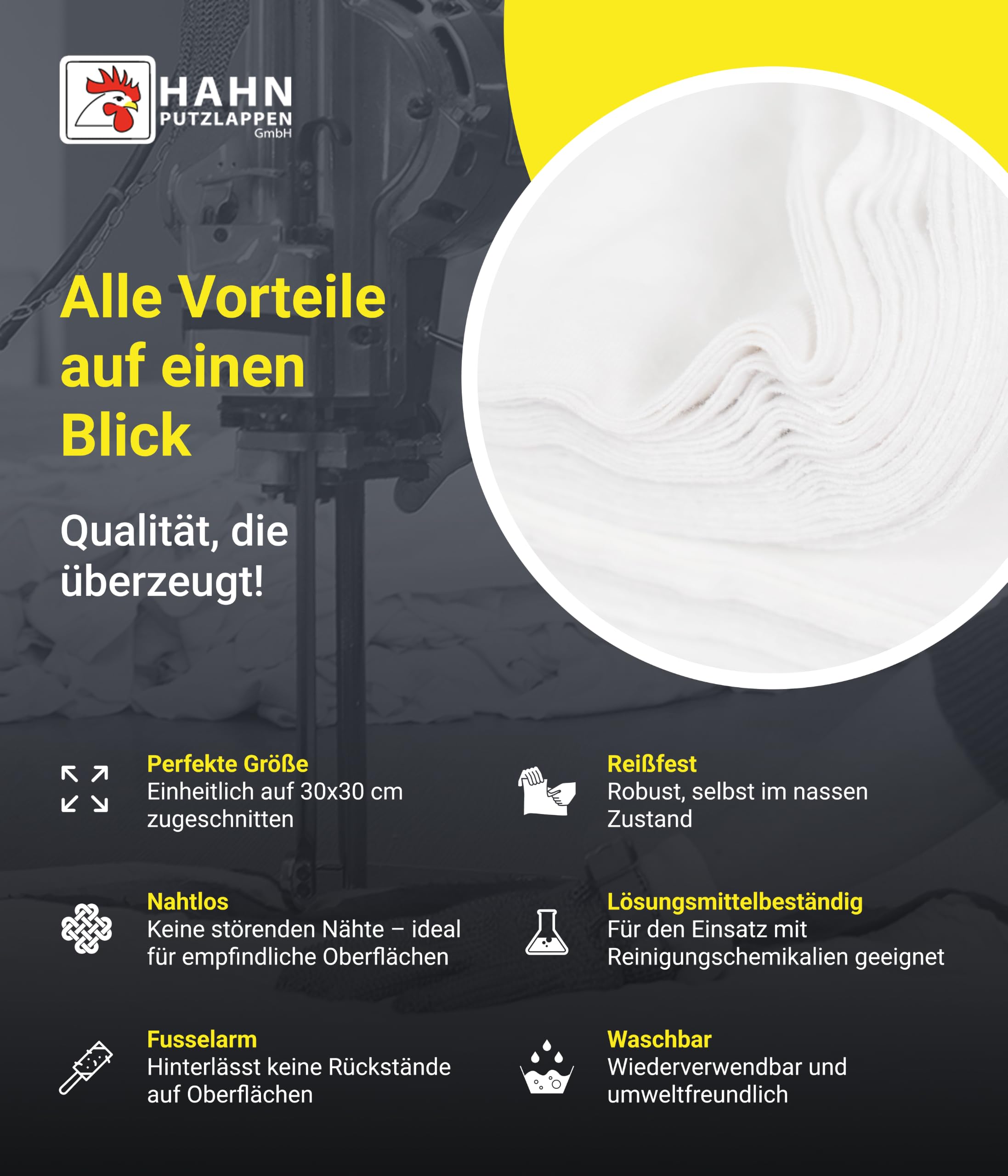 Hahn Putzlappen® Baumwolle Weiß [4x110 Stück] – Nahtlos zugeschnitten 30x30 cm – Dünn, saugstark & langlebig für Werkstatt, Elektronik, Haushalt & Autopflege – Leicht entnehmbar – 100% Recycling