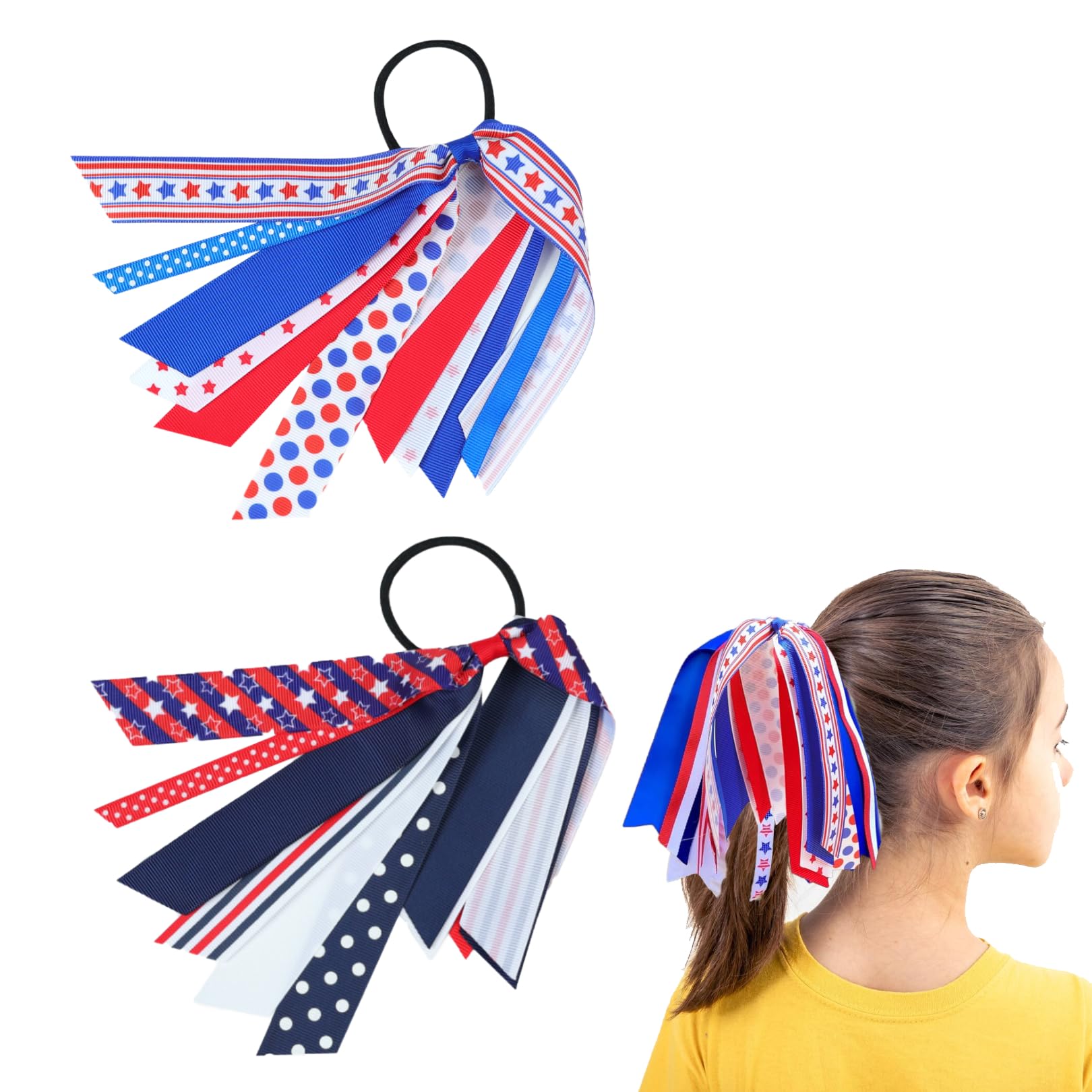 Patriotic Hair Scrunchies for Hair,2Pcs 4th of July Hair Accessories Ponytail Holders,American Flags Hair Ties Elastics Hair Bands Red White and Blue