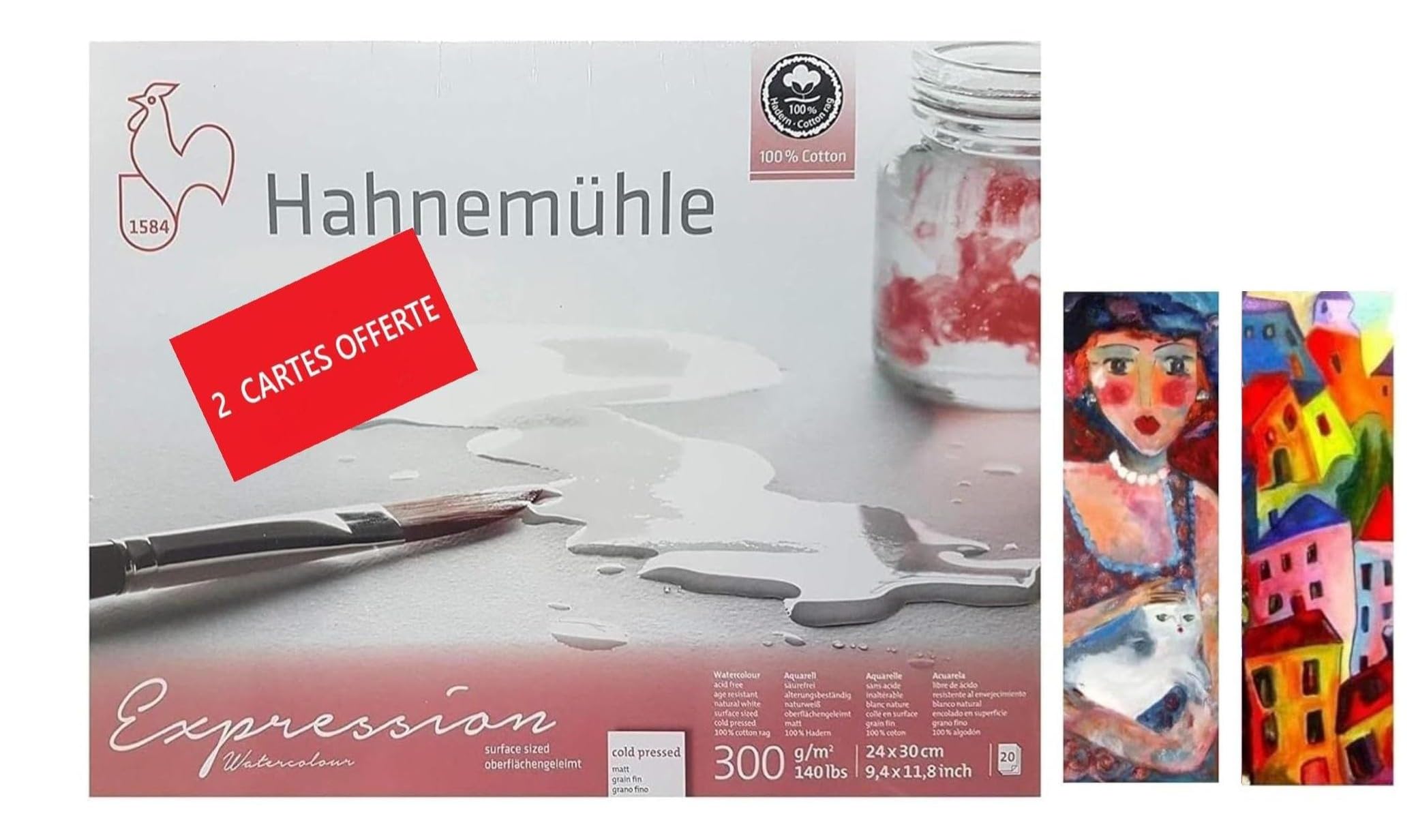 Hahnemühle - Cartone per acquerelli Expression, 100% cotone, opaco, 300 g/m2, 24 x 30 cm, 20 fogli, made in Germany