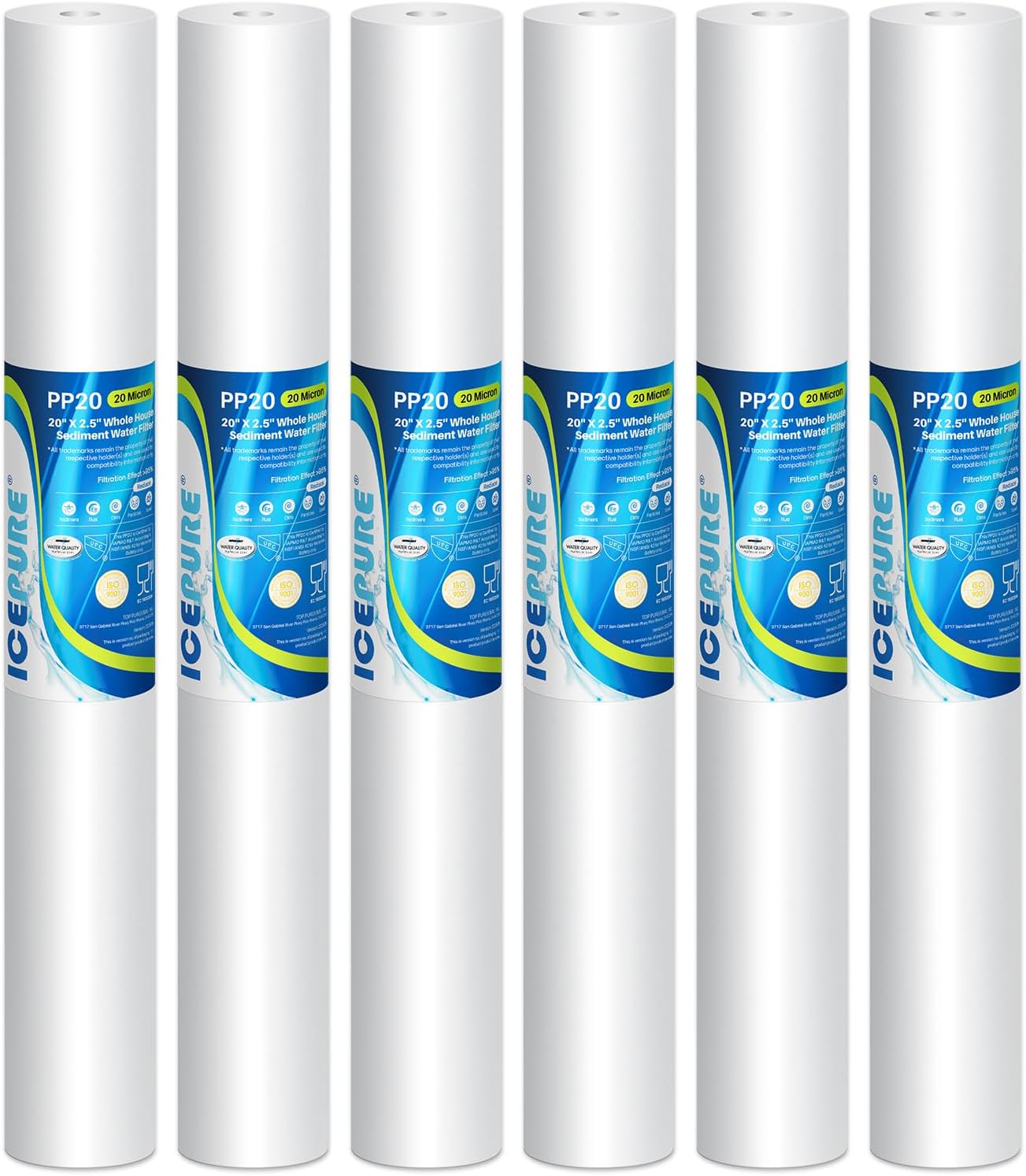 ICEPURE 2.5" x 20" 20 Micron Whole House Sediment Water Filter, 20 Inch Water Filter Replacement Cartridge Compatible with AP110-2C, SP-P1-20, W25P-20, P1-20, P5-20, PX01-20, FPMB5-20, GX05-20, 6PACK