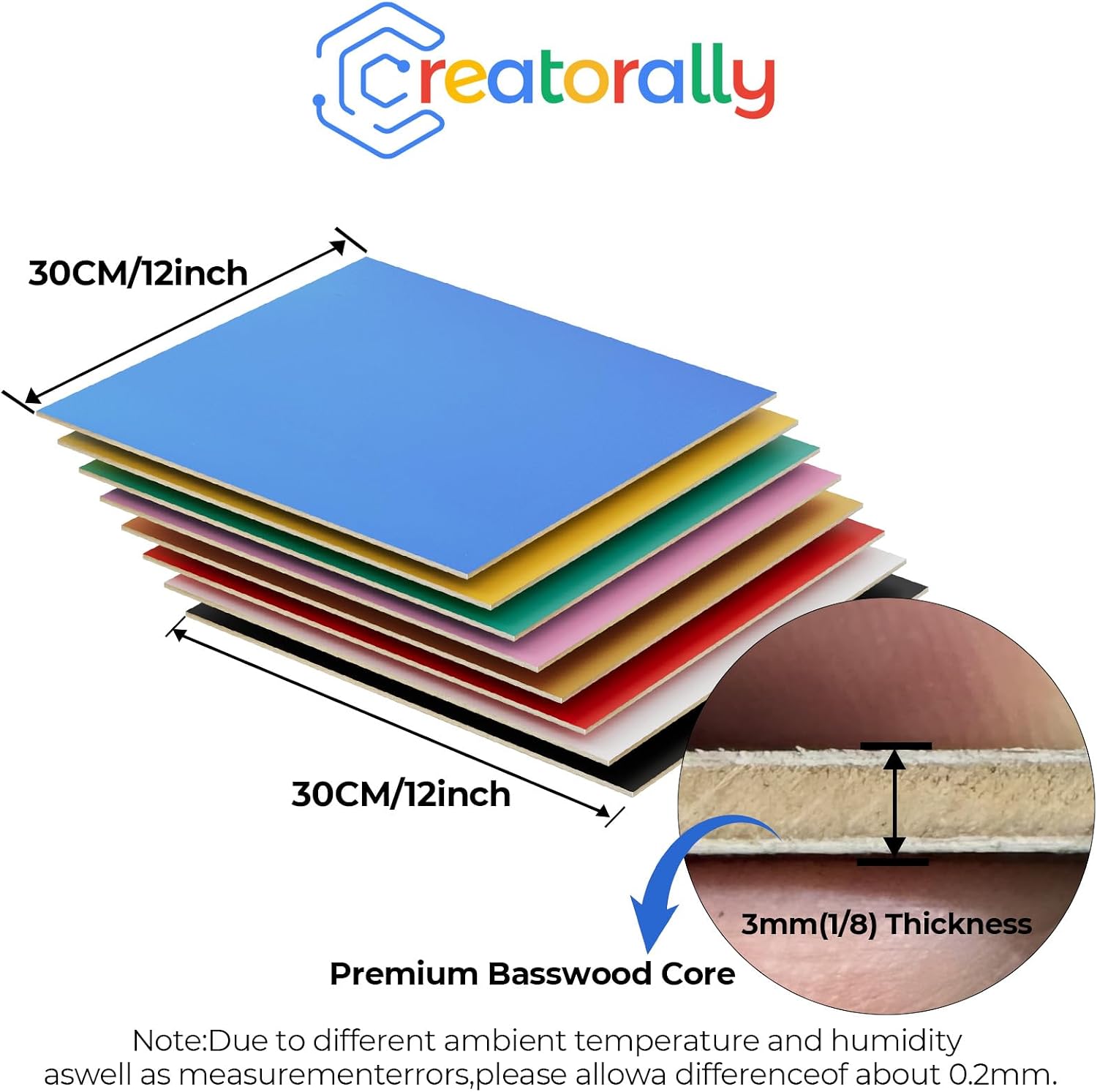 8 Pack Multi-Color Basswood for Laser Cutting, 12"x12"x1/8" (3 mm) Double-Sided Colored Plywood Sheets, for Laser Engraving, DIY Craft Wood & School Projects