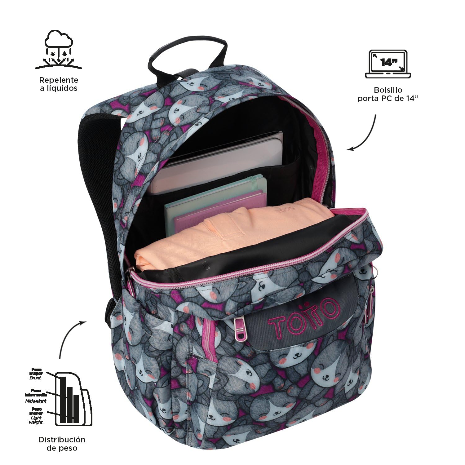 TOTTO - Mochila Escolar Adaptable a Carro, Modelo Acuareles, Capacidad 20 L, Bolsillo para Pc 14", 2 Bolsillo Botella, Espaldar Ergonómico con Flujo de Aire, Correas en S, Estampado Kitten Rose