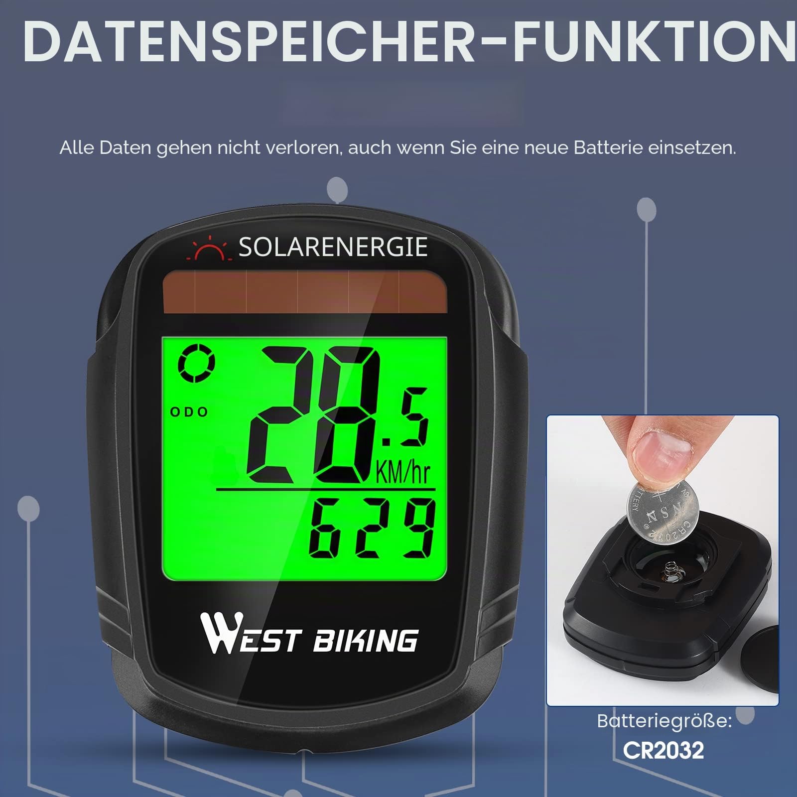 Fahrradcomputer mit Sonnenenergie, Fahrradtacho und Kilometerzähler, Drahtloser, Wasserdichter Fahrradcomputer, LCD-Hintergrundbeleuchtung, Automatisches Aufwecken und Multifunktionen Sport & Freizeit