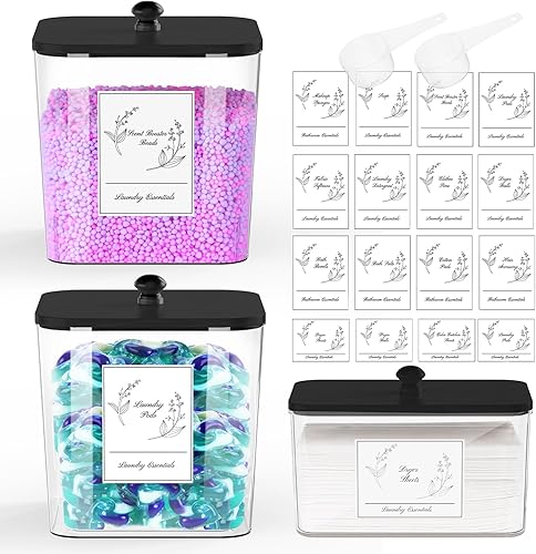 Vista 10 de paquete de 4 recipientes transparentes para cápsulas de detergente y soporte para hojas de secadora, frascos cuadrados de plástico para organización