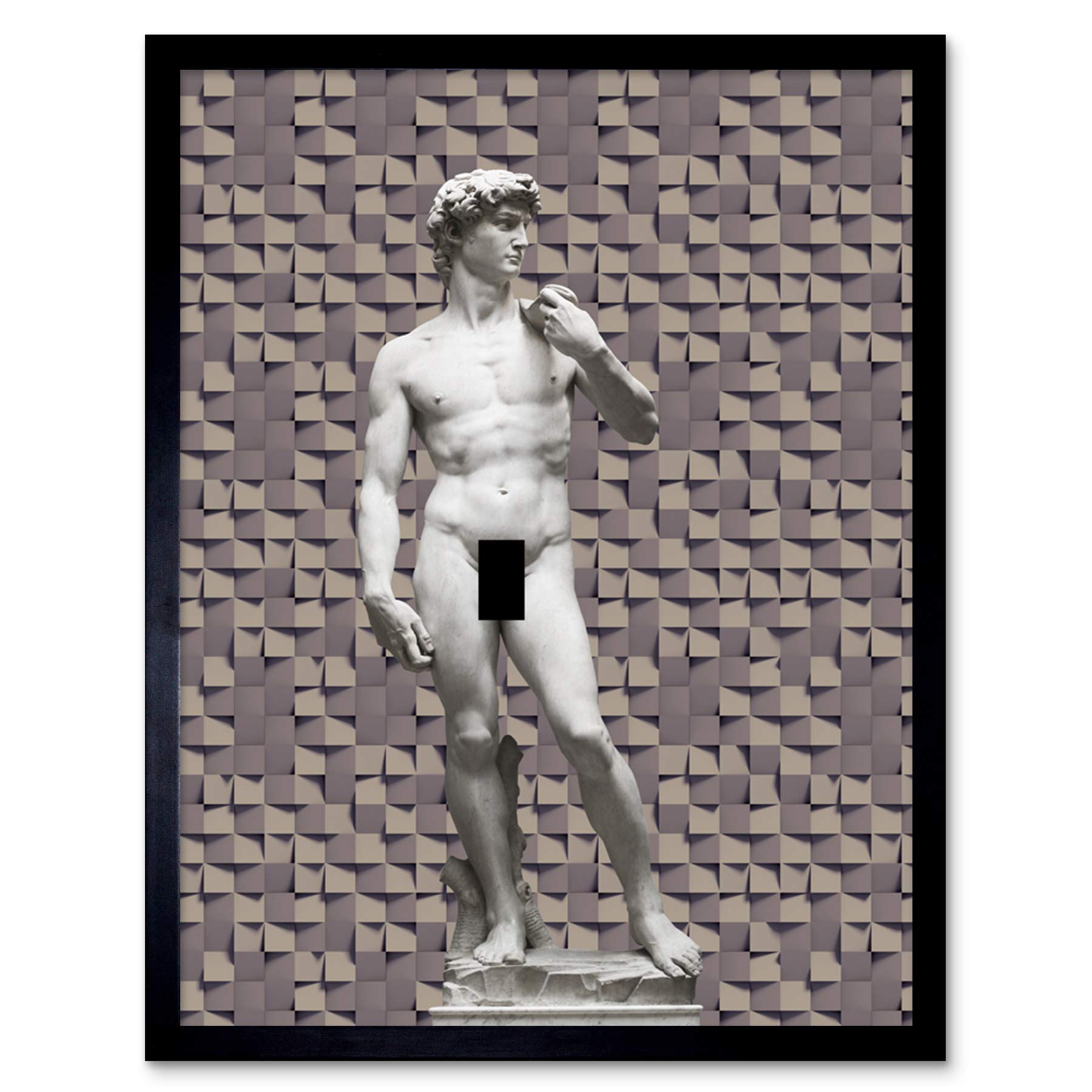 Artery8 Statue of David by Michelangelo Classic with Abstract Art Grey Cubes Art Print Framed Poster Wall Decor 12x16 inch