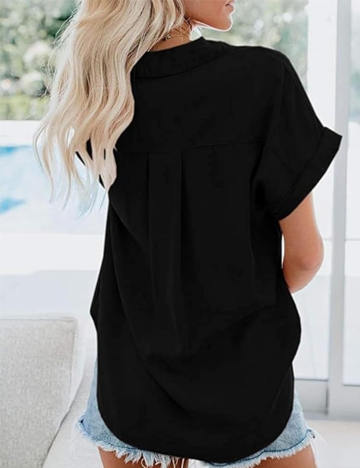 Womens Short Sleeve Button Down Shirts V Neck Collared Blouses Tops for Women - Image 3