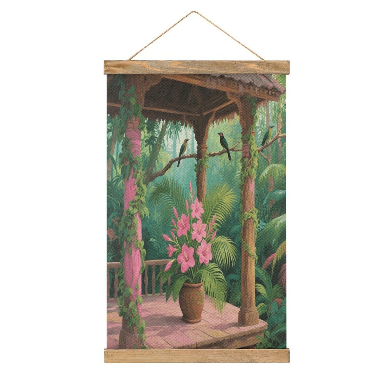 VstaDank Tropical Flowers Palm Leaves Hanging Poster with Wooden Frame Modern Linen Hanging Painting Retro Style Wall Decor Art Painting for Living Room,Bedroom Decor Poster Frame 20.4x13.1inch