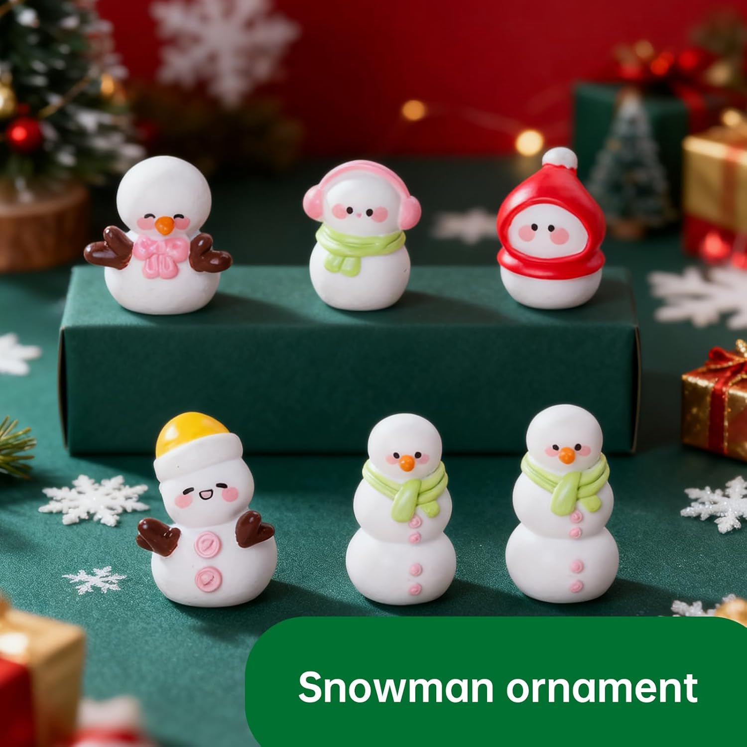 100Pcs Mini Resin Christmas Snowman 5 Types Little Tiny Resin Winter Figurines Mini Snowman for Garden Decor