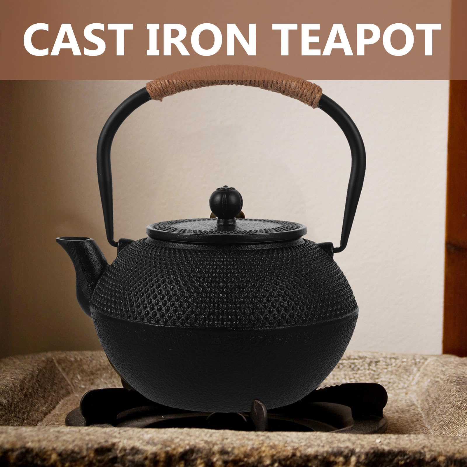 SOLUSTRE Théière en Fonte, Théière Japonaise 1200ml Noire avec Infuseur en Acier Inoxydable et Couvercle, Sûre pour Cuisinière, Déco de Table, Fêtes du Thé