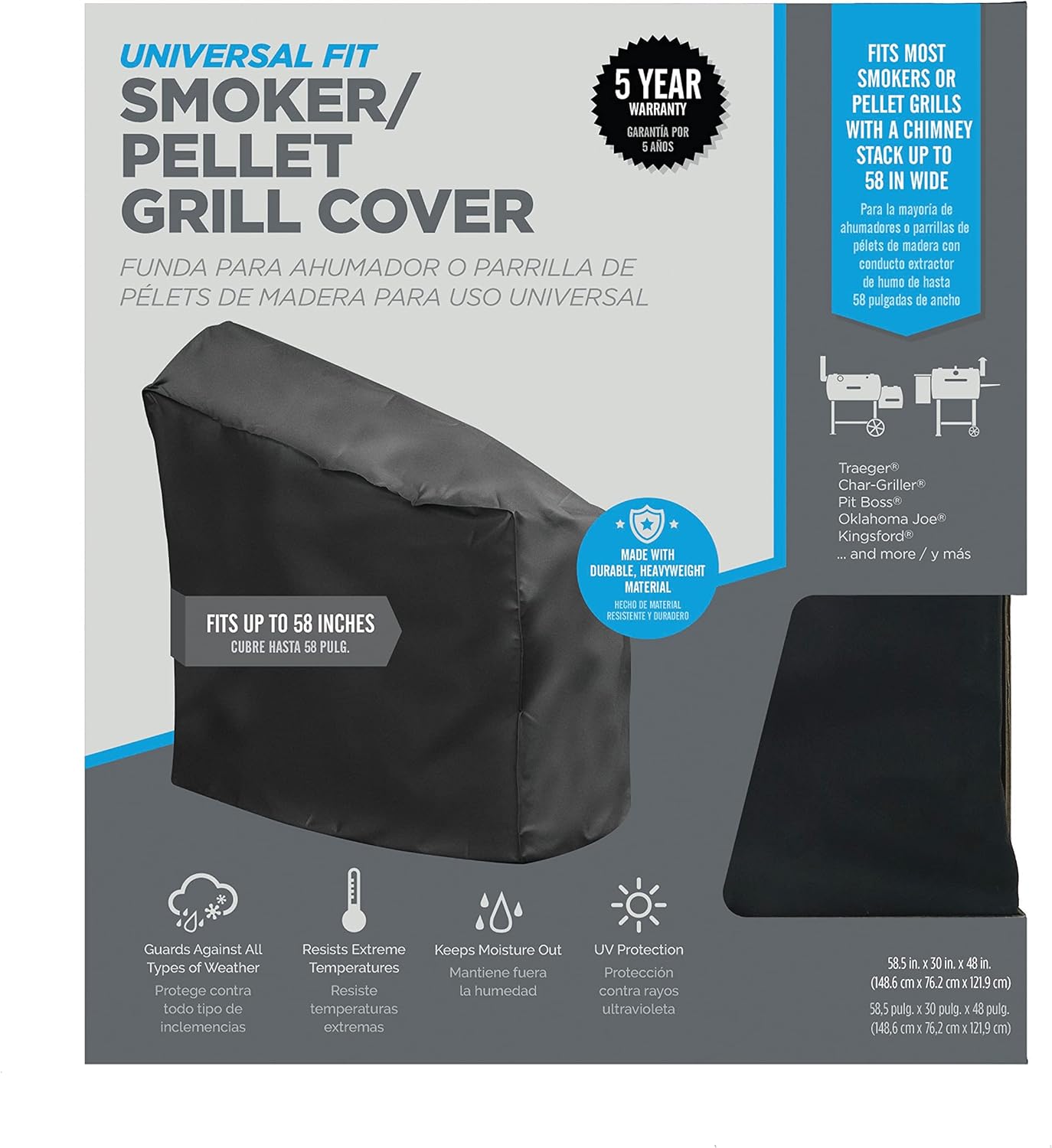 Mr. Bar-B-Q Large Universal Fit Smoker & Pellet Grill Cover with Heavy Duty Waterproof Patio Outdoor Barbeque BBQ Smoker and Pellet Cover (58.5" L x 30" W x 48" H)