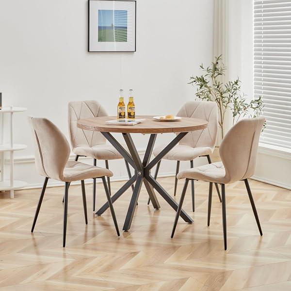 GrandCA HOME Dining Table and Chairs Set, 100CM Round Dining Table and 4 Modern Linen Chairs for Dining Room Kitchen Living Room (Dark + Khaki) - 3