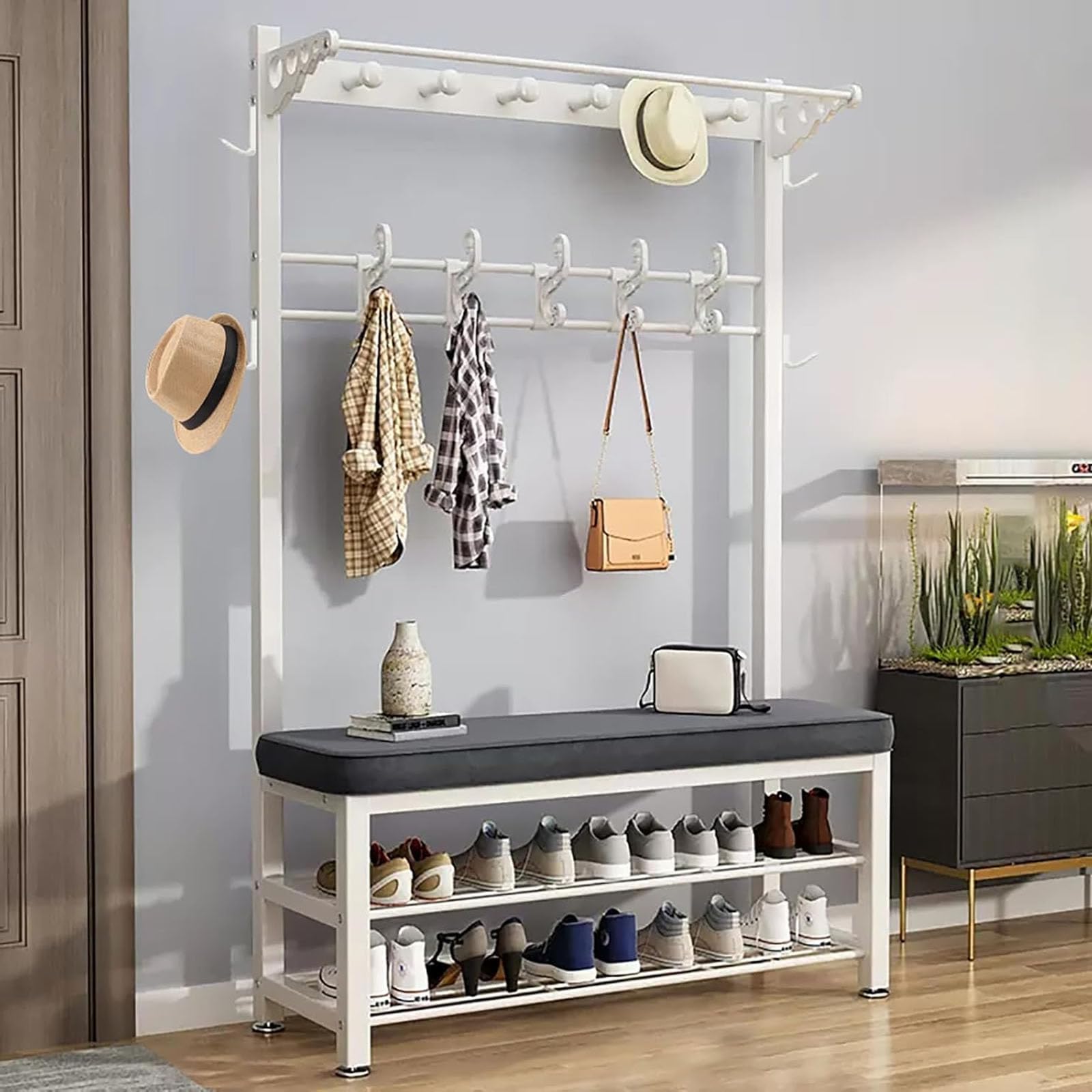 GHFXSCV Industrial Coat Rack with Shoe Sto Bench, Free Standing Hall Tree with Hoo, White Entryway nizer (100cm)