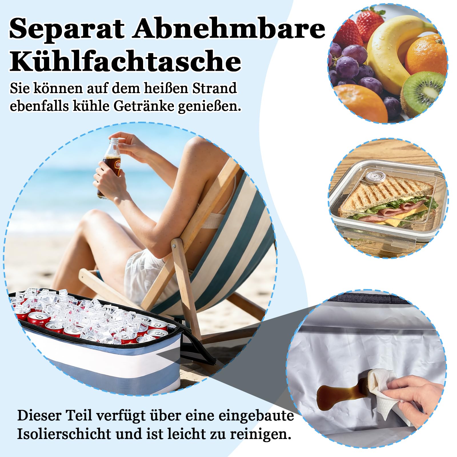 Strandtasche XXL Familie mit Kühltasche, 50 x 29 x 49cm, Große Badetasche Strandtasche, Badetasche mit Nassfach, Faltbare Wasserdicht Beach Bag, für Reisen, Fitness