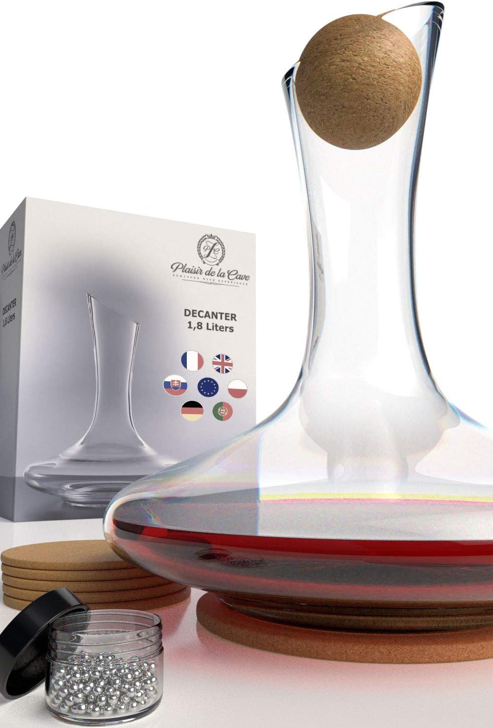 Crystallin Wine Decanter & Accessories (Cleaning Beads, Cork Stopper, Mat & Coasters) – 100% Handmade in Europe, Lead-Free Crystal Glass Wine Carafe – Unique Gift Idea