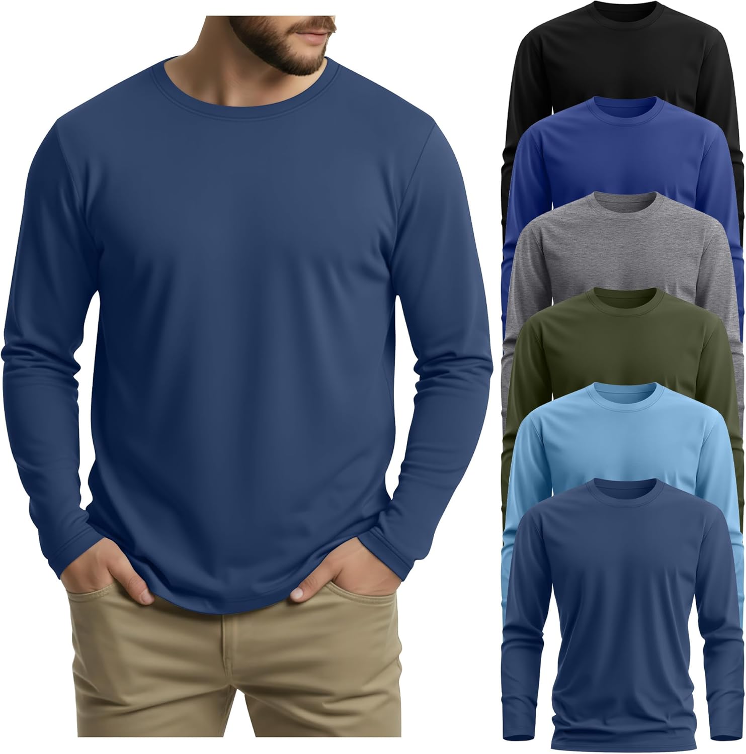 6 Pack Mens Big and Tall Shirts, 95% Cotton Plus Size Long Sleeve Tops Crewneck Casual Basic Multipack Tee