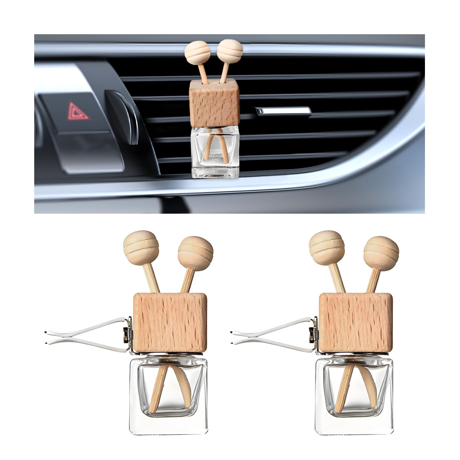 KVAEY 2PCS Car Diffuser Air Freshener Bottle, Refillable Empty Glass Perfume Bottles with Vent Clip, Universal Essential Oil Diffuser for Most Vehicles, Interior Car Accessories (2PCS)