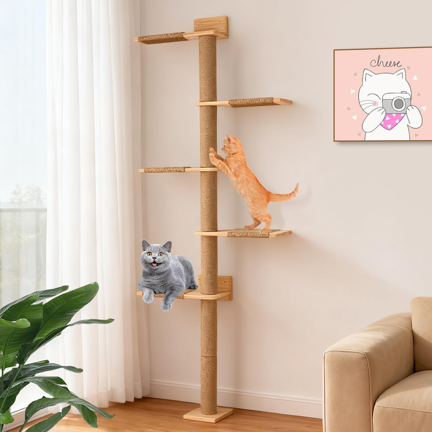 Rascador Grande de 205 cm, Pared de Escalar para Gatos, Ajustable en Altura, Torre para Gatos de 5 Niveles, árbol de Gatos montado en la Pared para Que los Gatos escalen y rasquen