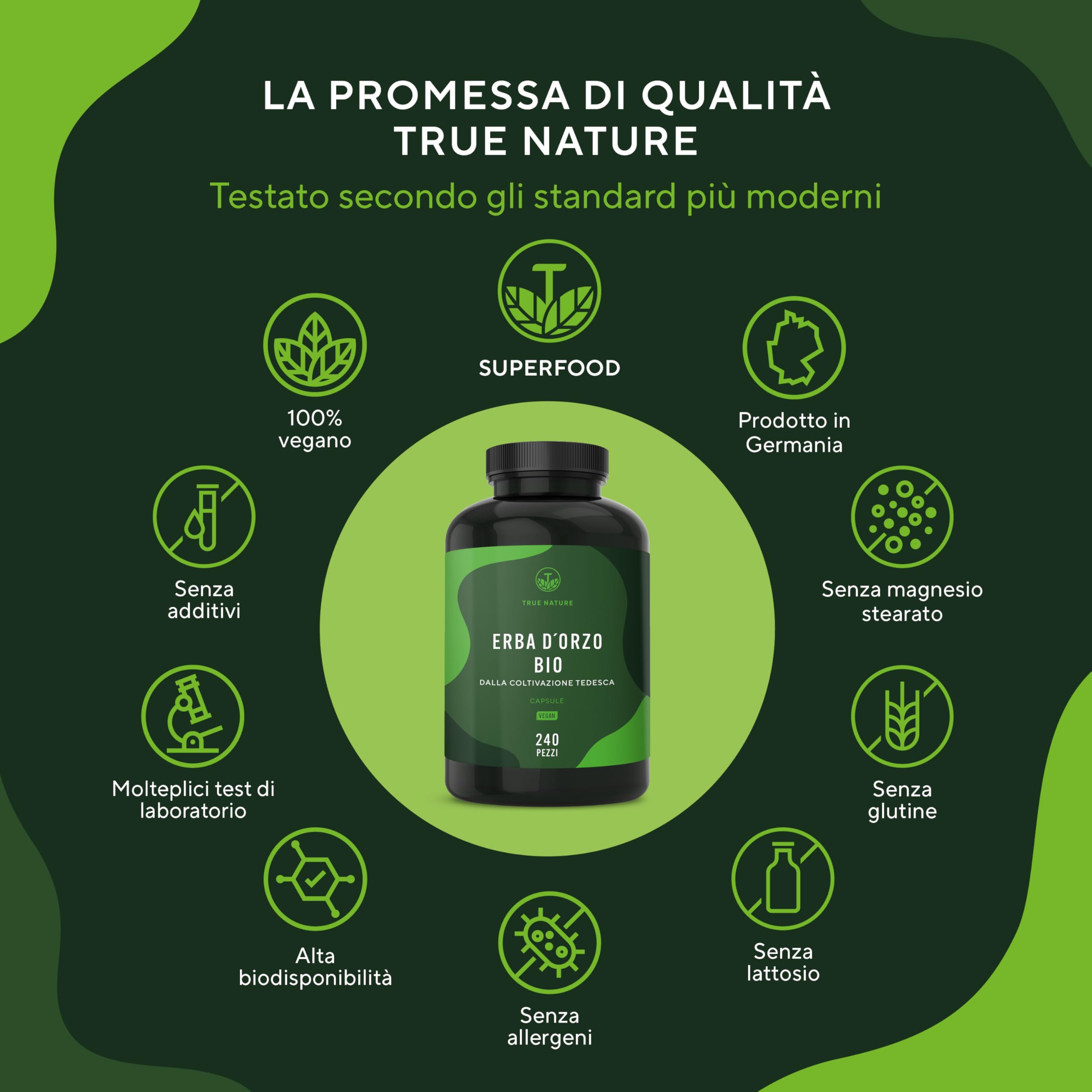 Erba d'Orzo BIO - 240 Capsules - barley grass - 3.000mg altamente misurati per dose giornaliera - Vegan e testato in laboratorio - Coltivazione tedesca - TRUE NATURE®