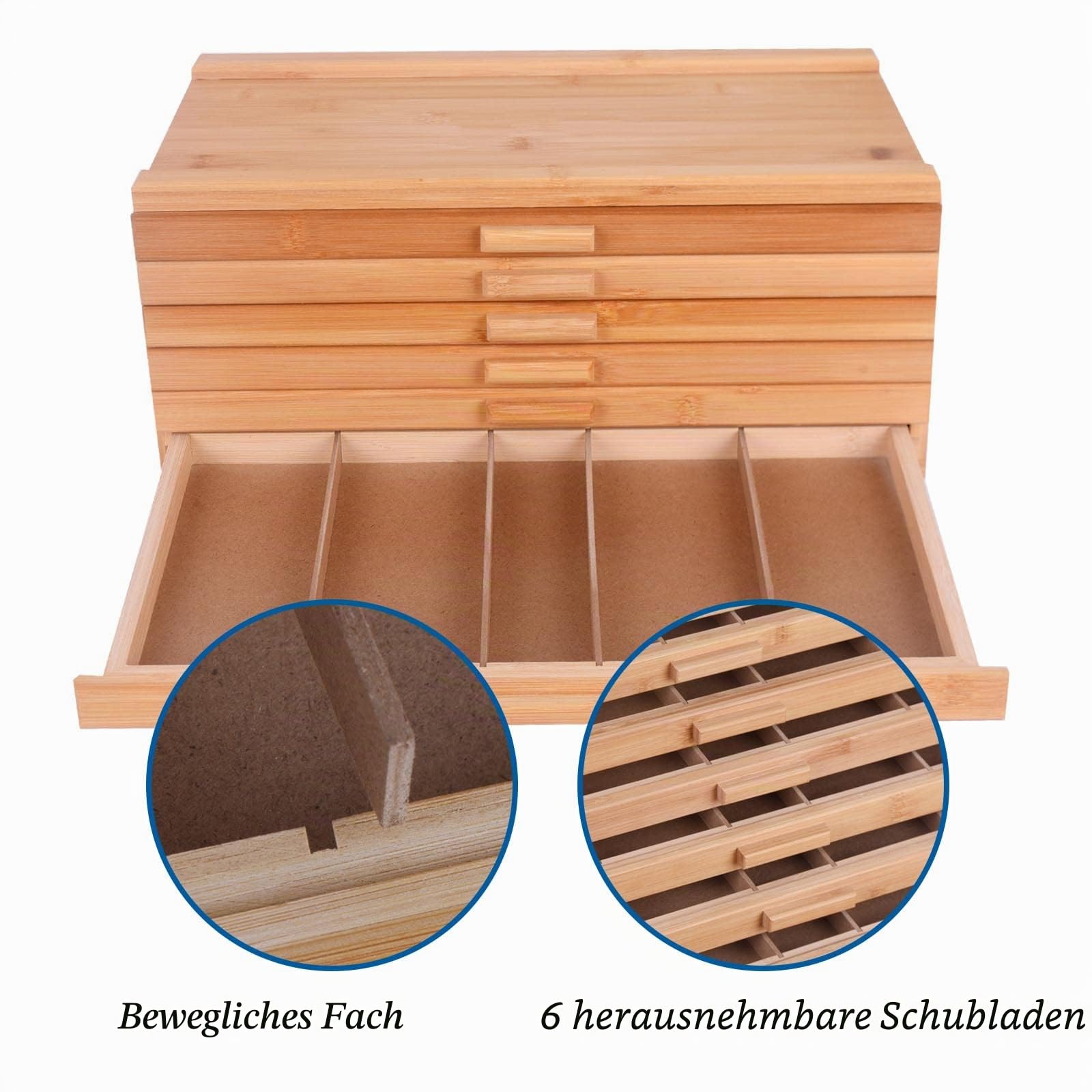 Vencer Aufbewahrungsbox mit 6 Schubladen aus Bambus, Künstlerbedarf, mit separaten Fächern für die Organisation von Bleistiften, Stiften, Pastellfarben, Marker-Set, Pinsel und Stempel, VAO-007