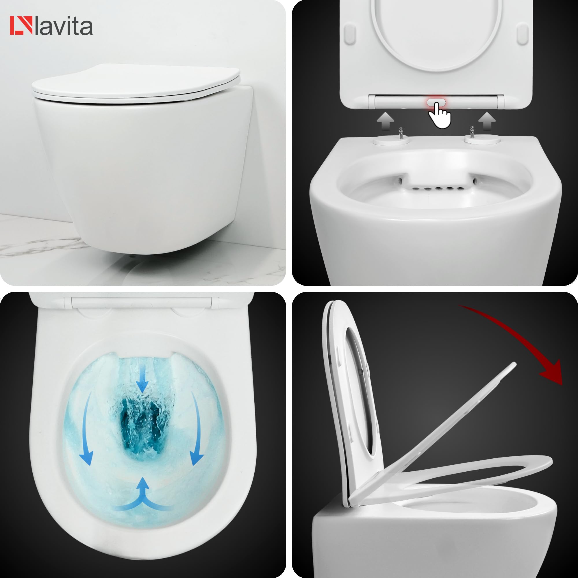 LAVITA | Elemento de pared Solido + pared colgante WC Sofi Slim blanco mate sin bordes + asiento de inodoro SoftClose | Botón dorado | Juego completo | cisterna empotrada | inodoro completo