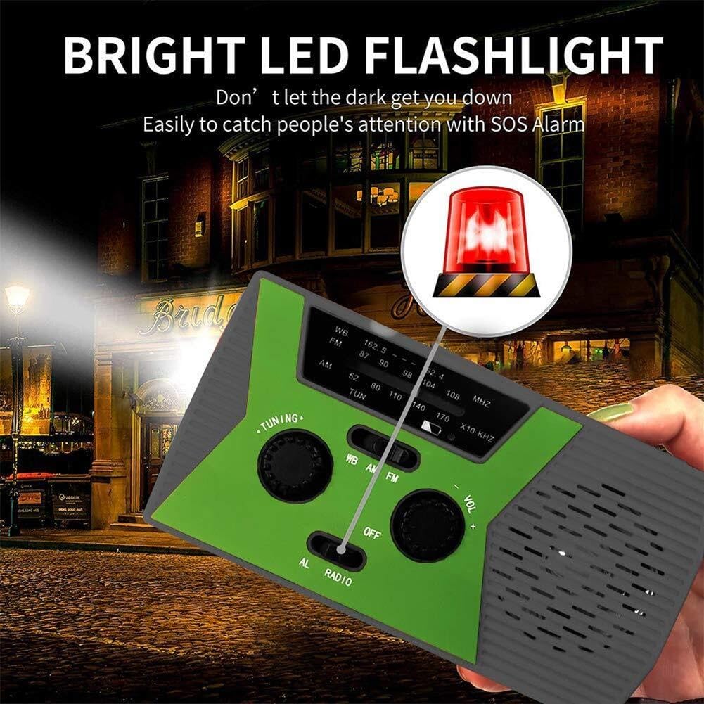 Radio awaryjne, przenośny powerbank 2000 mAh z korbką ręczną, solarnym radiem pogodowym, latarką LED i lampką do czytania, alarm SOS do biwakowania i przetrwania w domu, zielony