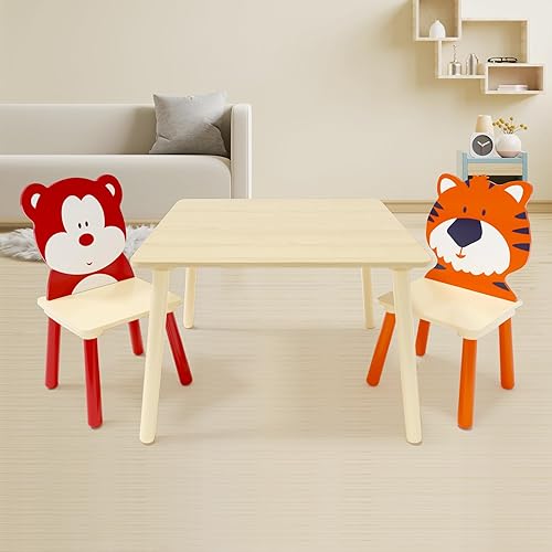 Miniatura 4 de Juego de mesa y silla para niños, juego de mesa de madera para niños con 2 sillas, mesa de actividades adorablemente animales para leer, dibujar,