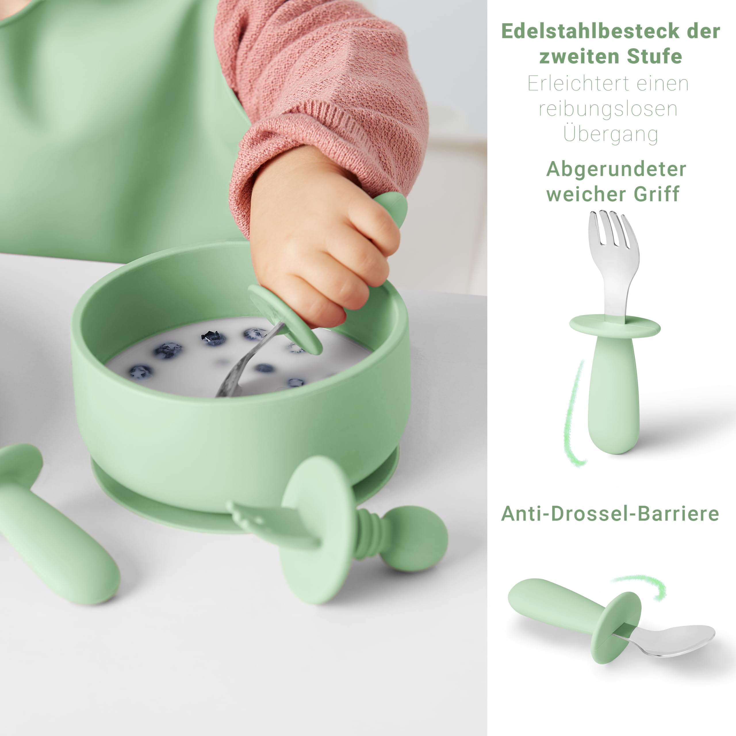 Navik | Baby Geschirrset 12 Stücke | Silikon babyteller | trinkbecher kinder mit griffen | lernlöffel und schüssel | ab 6 monate | grün