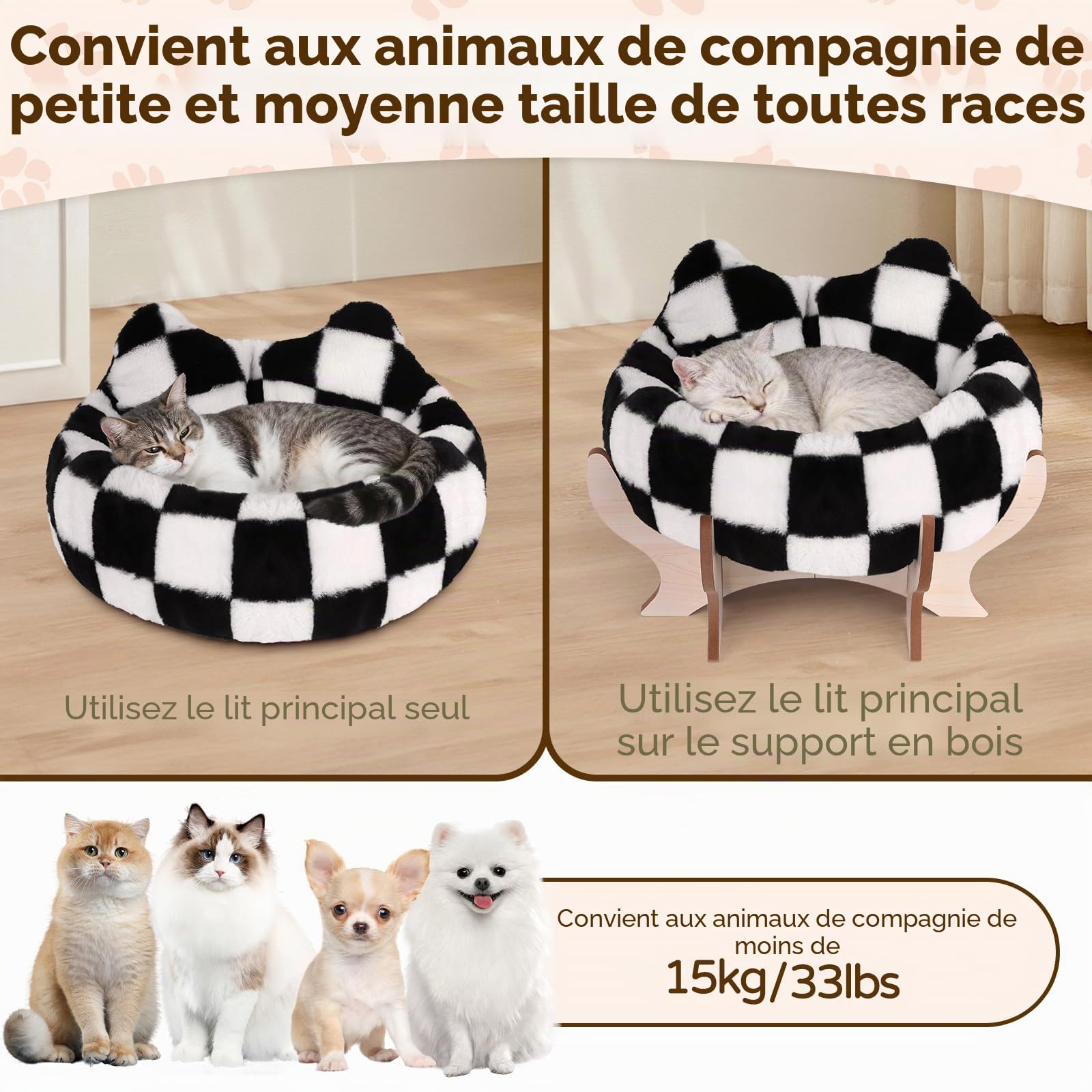 Lit surélevé pour chat d'intérieur, canapé lit pour animaux de compagnie avec coussin moelleux amovible, support en bois, canapé surélevé pour chat 45,7 x 45,7 cm, canapé surélevé pour chaton