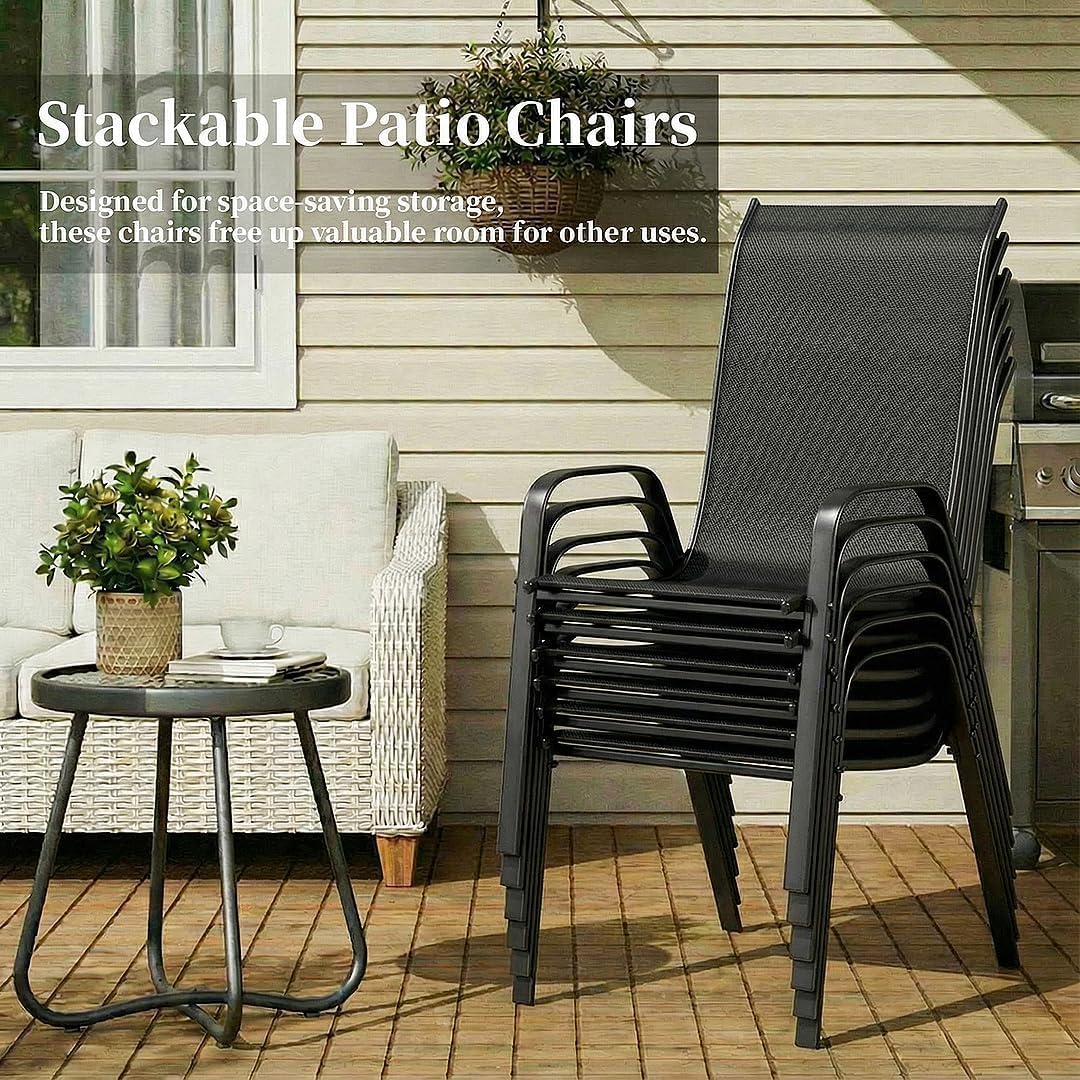 LIFERUN Gartenstühle Stapelstuhl Camping Stapelbar Hochlehner Terrassenstuhl Textilene Stahlgestell 150 kg Belastbar 54 x 69 x 93cm 4er Set Schwarz