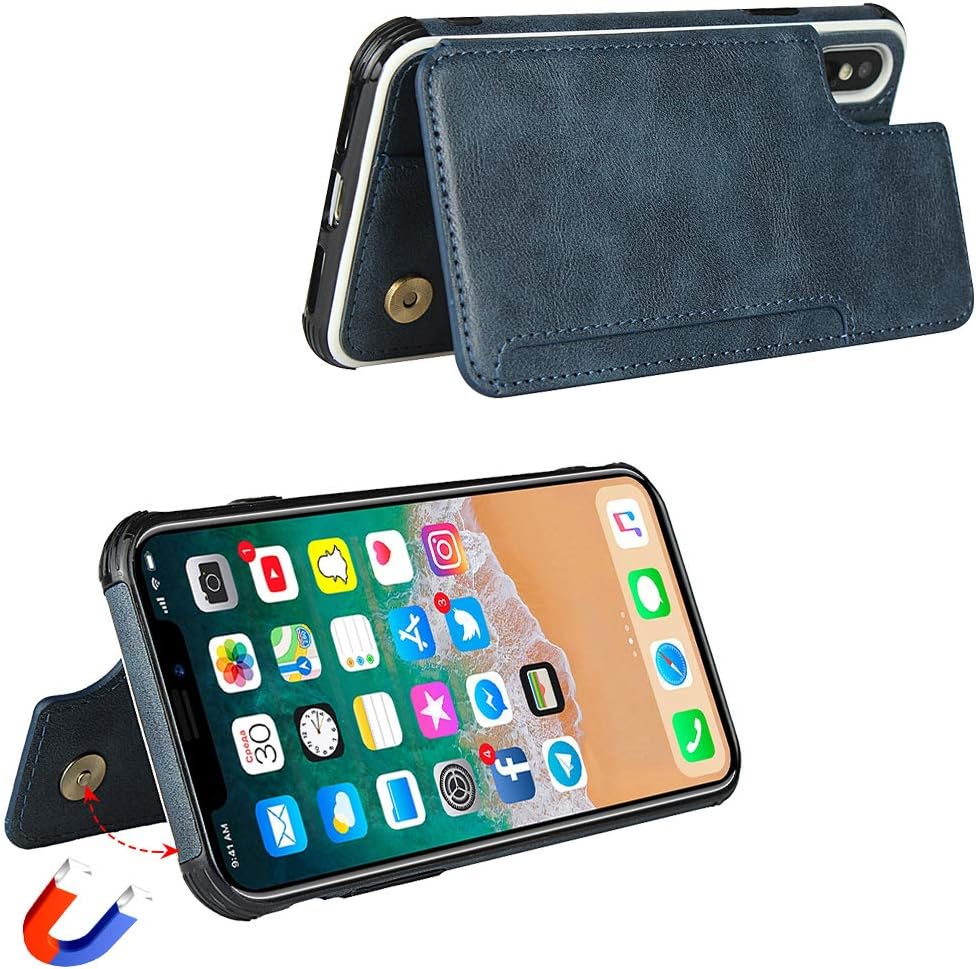 Cavor for iPhone Xs Max Phone Case with Card Holder,Wallet Case with Credit Card Holders for iPhone Xs Max,PU Leather Card Slots Cases[Kickstand][Wrist Strap] Shockproof Cover for Women Men- Blue