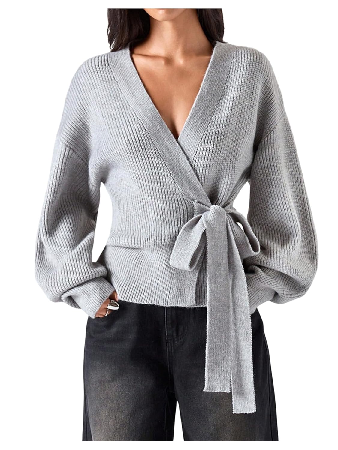 Verdusa Womens Fall Outfits Tie Knot Wrap Cardigan Lantern Knitted Sweater