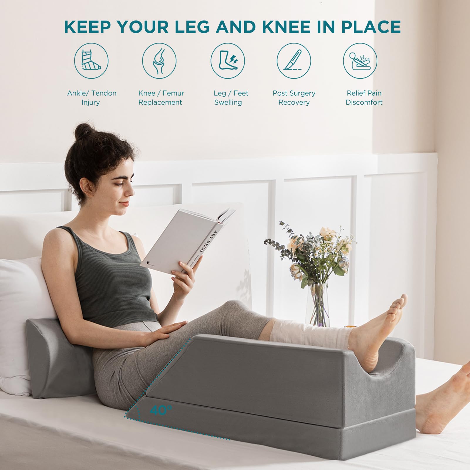 UBBCARE Almohadas de elevación de piernas para después de la cirugía, almohadas de espuma viscoelástica para dormir e hinchazón, almohada de rodilla ajustable de 3 alturas con asas y funda extraíble