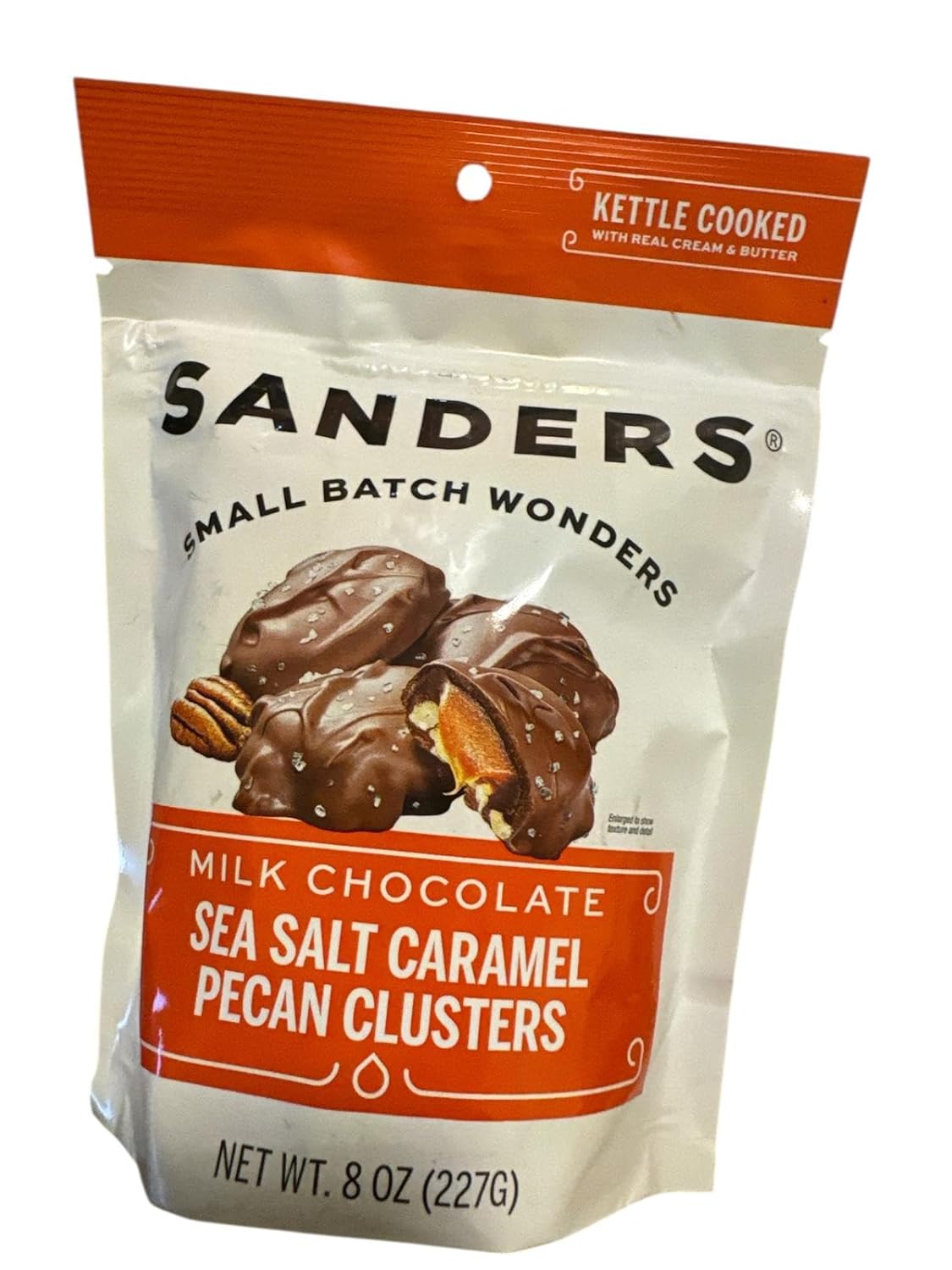 Sanders Small Batch Wonders Milk Chocolate Sea Salt Caramel Pecan Clusters, Kettle Cooked with Real Cream and Butter, 8 oz