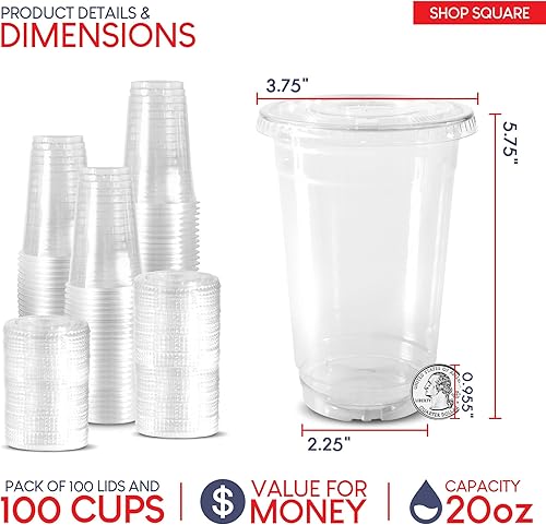 Miniatura 3 de Shop Square Vasos de plástico de 20 onzas con tapas (paquete de 100)  Vasos de plástico transparente para café helado, Boba, té con leche, batidos y