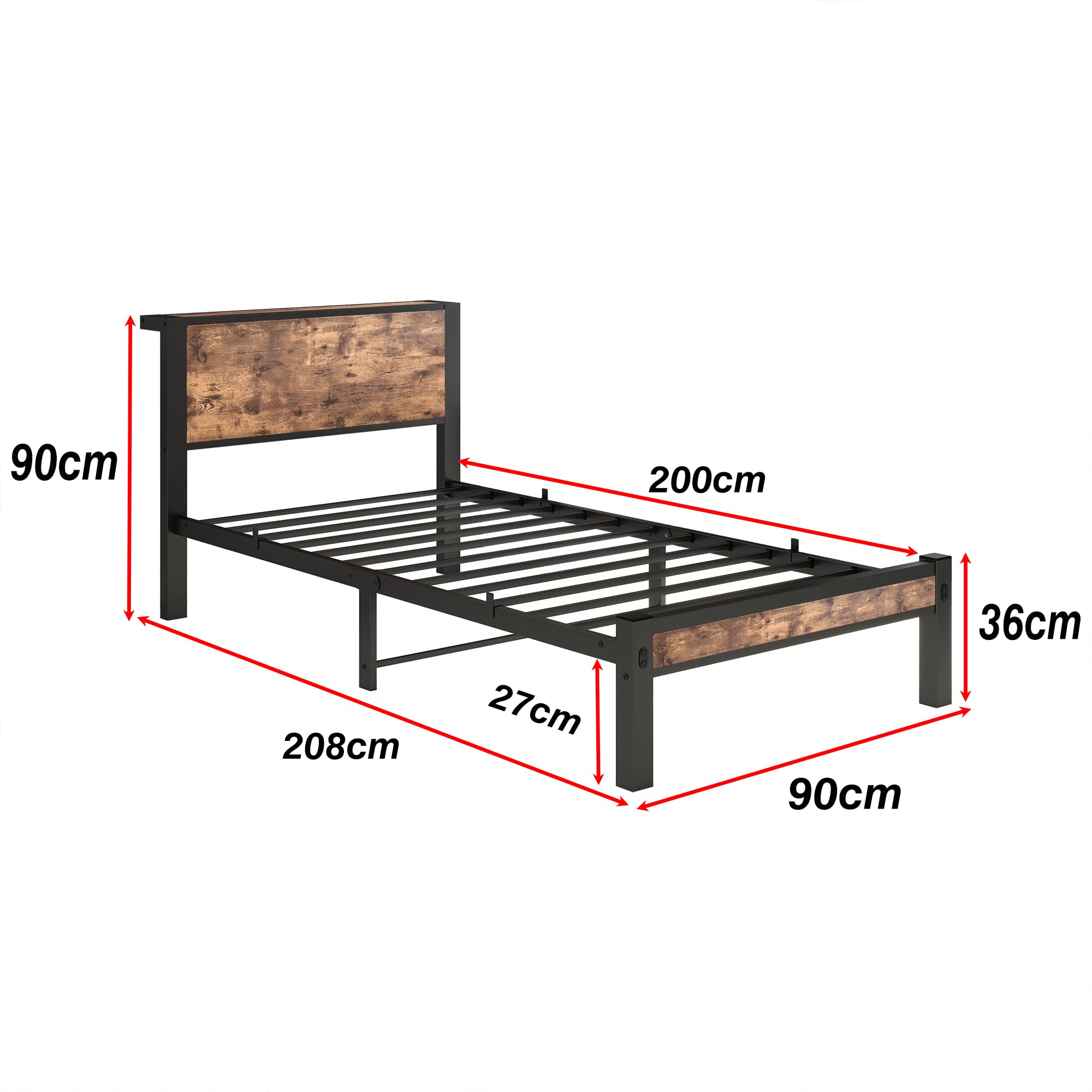 HOMERECOMMEND Bett 90x200 Bettgestell Bettkopf mit Ablagefläce,Lattenrost Metall,Gästebett für kleine Räume, Schwarz