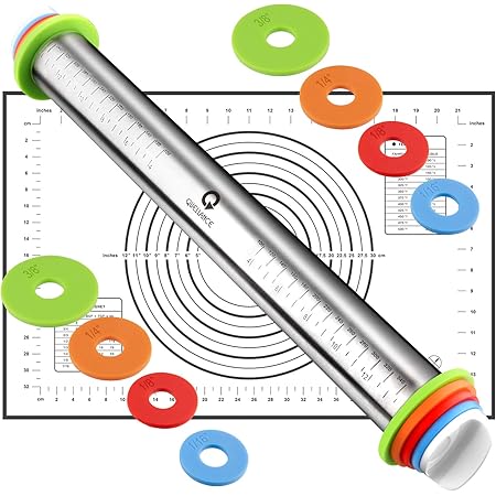 Rolling Pin and Pastry Baking Mat Set, Rolling Pins with Adjustable Thickness Rings, Stainless Steel Dough Roller for Baking Fondant, Pizza, Pie, Pastry, Pasta, Cookies (Black Mat)