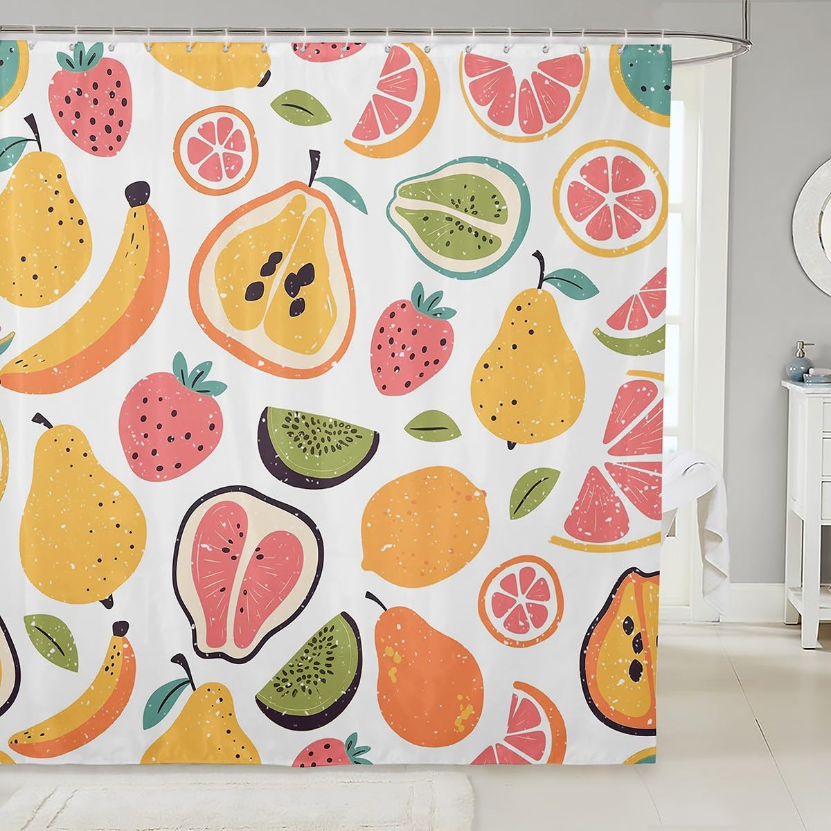 Erosebridal Tropical Shower Curtain 72" Wx72 L, Cute Watermelon Orange Lemon Shower Curtain, Pear Papaya Apple Banana Waterproof Bathroom Curtains,