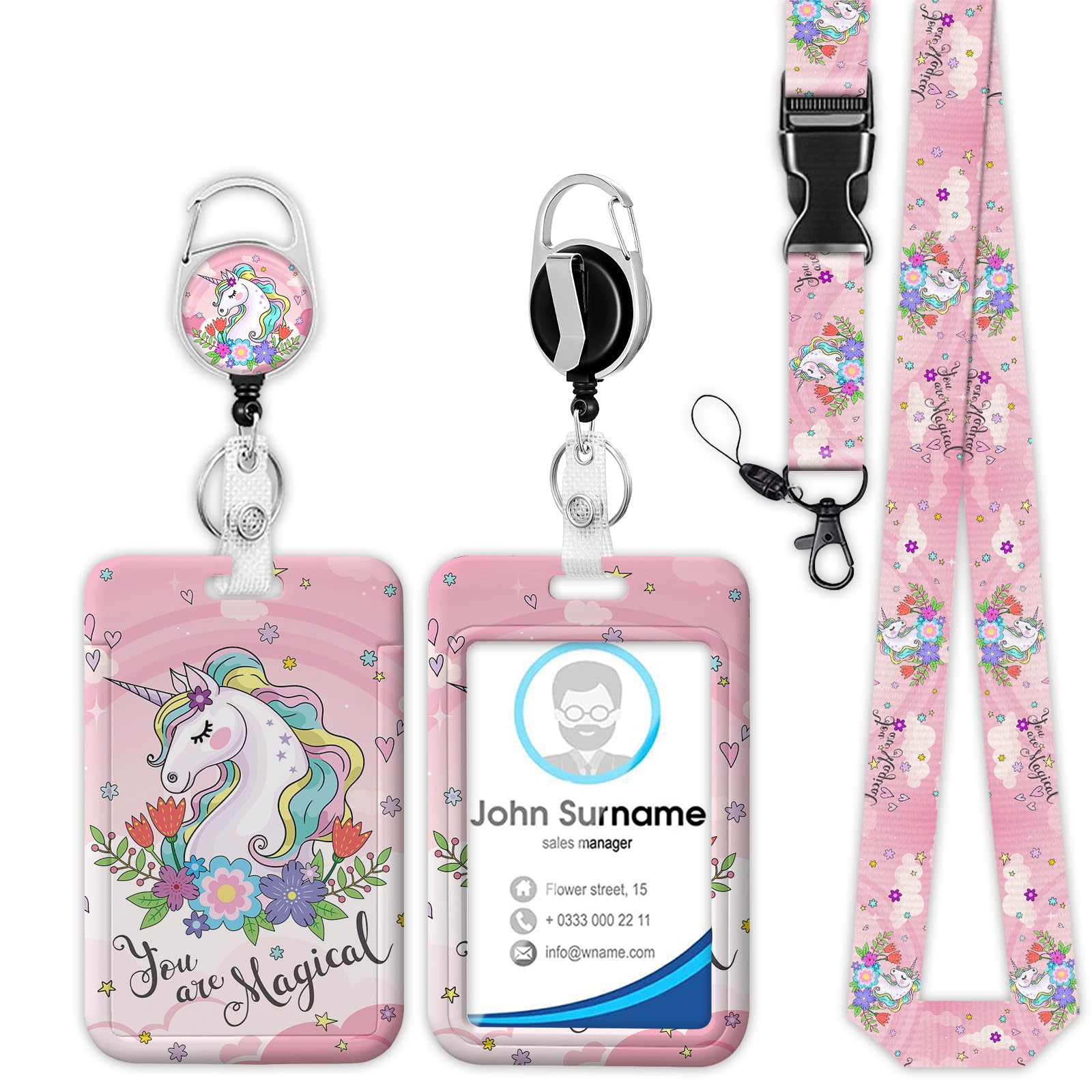 Cute Unicorn Magical Badge Holder Reel Lanyard, ID Card Badge Holder Retractable Name Tag Clips, Funny Nurse Teacher Office Student Gifts