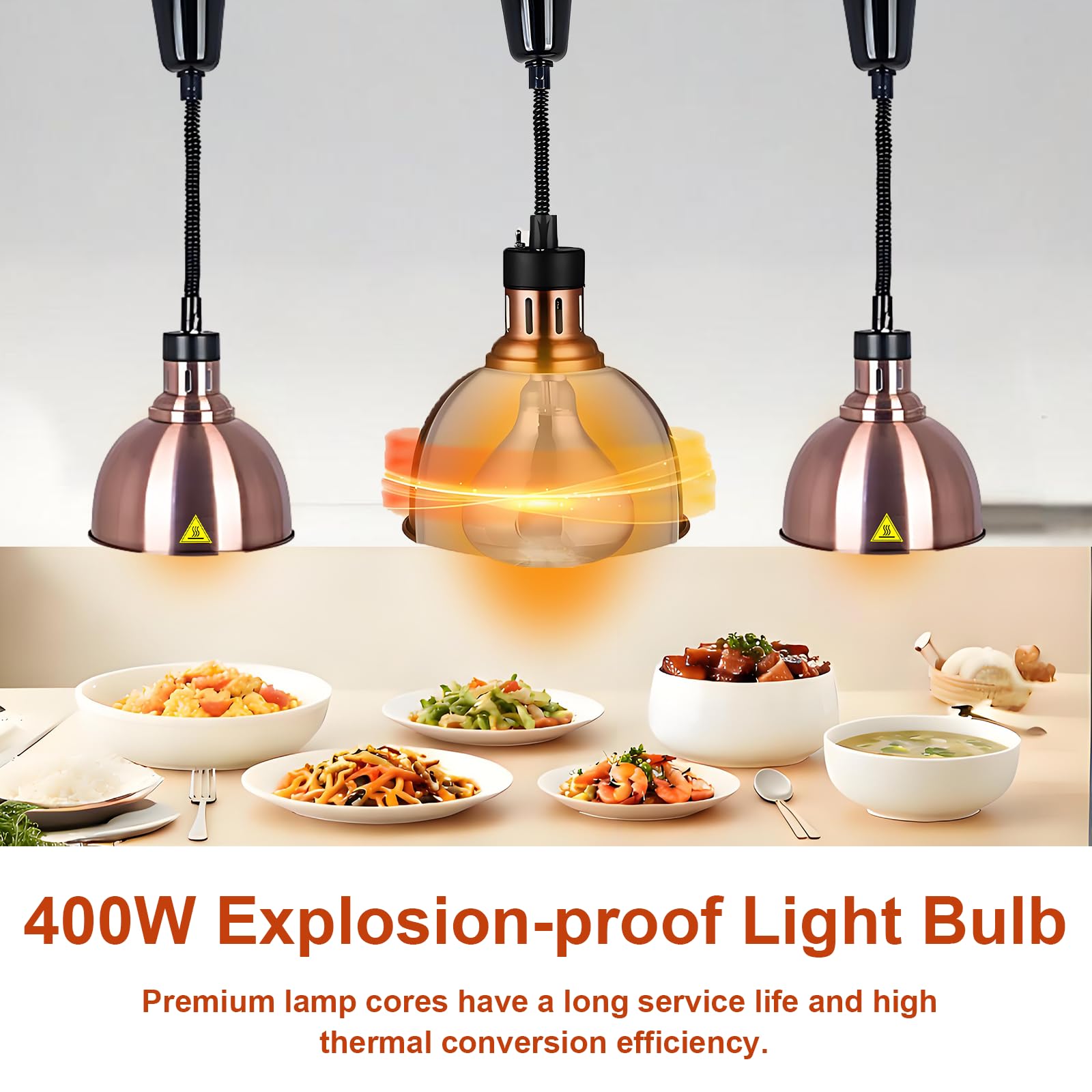 Sospeso Lampade Riscaldanti Cucina Regolabile(D-19cm,3 Pezzi) | 19 cm/25 cm Diametro Lampada Riscaldante per Alimenti, 250W Lampada Scaldavivande Ristorante, Cucina, Hotel