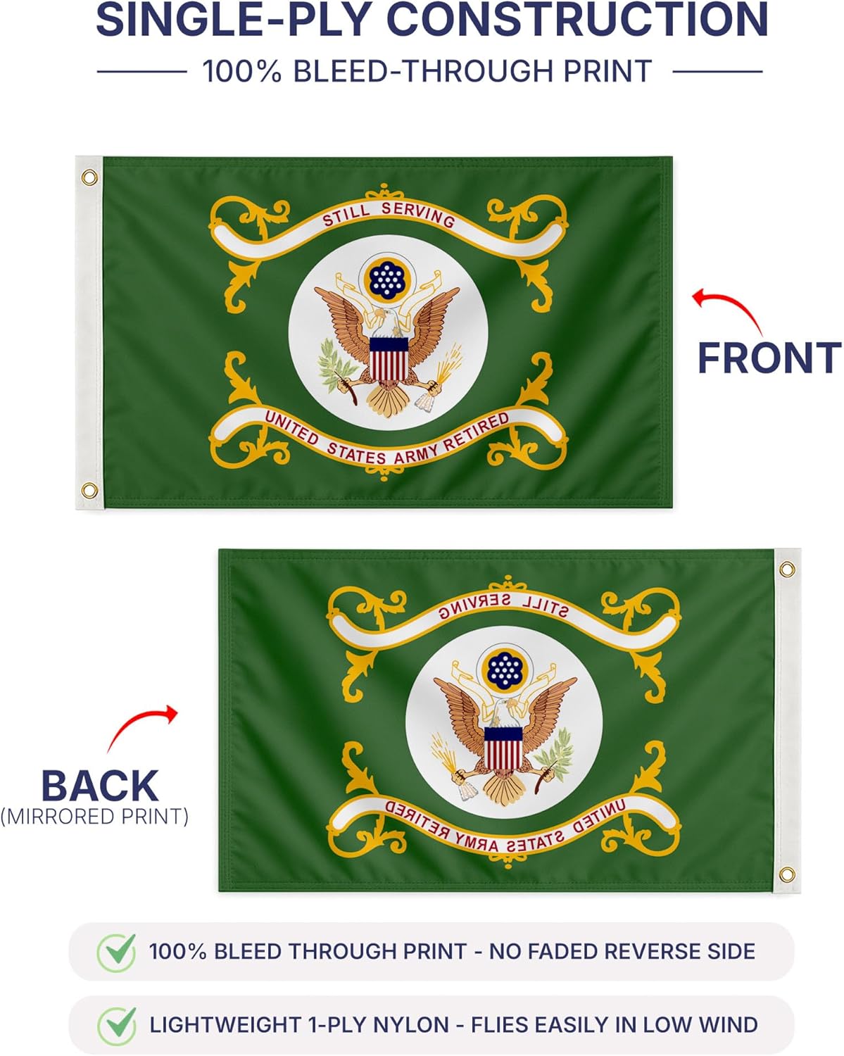 AGAS US Army Retired Flag 3x5 Ft - Printed 200 Denier Nylon - Double Stitched Edges Canvas Header Brass Grommets - Indoor/Outdoor US Army Retired Flag 3' x 5'