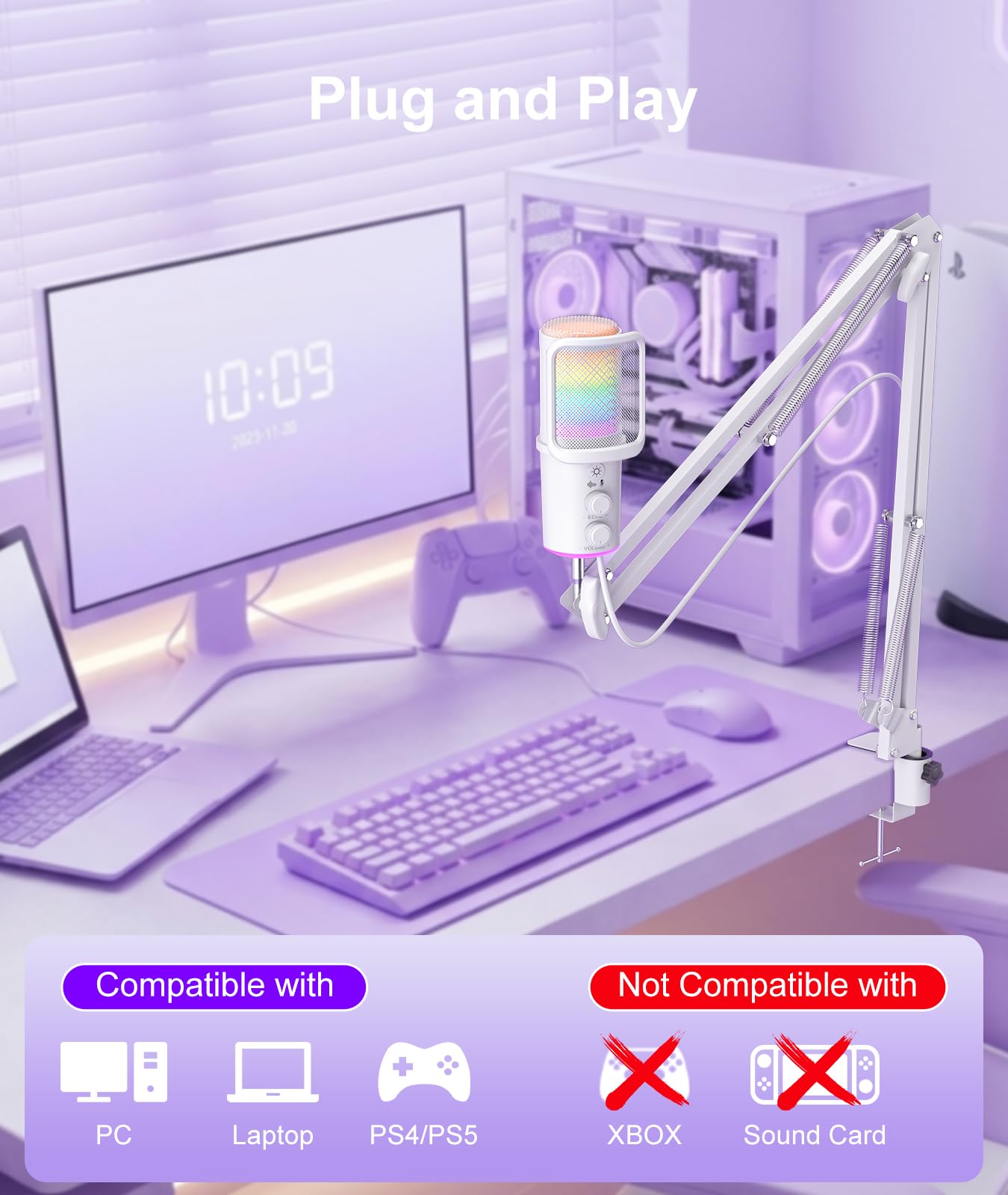 Microfono USB da gioco, microfono a condensatore con cancellazione del rumore, con silenziatore, regolazione del riverbero del braccio del braccio, monitoraggio per streaming, podcasting, discord