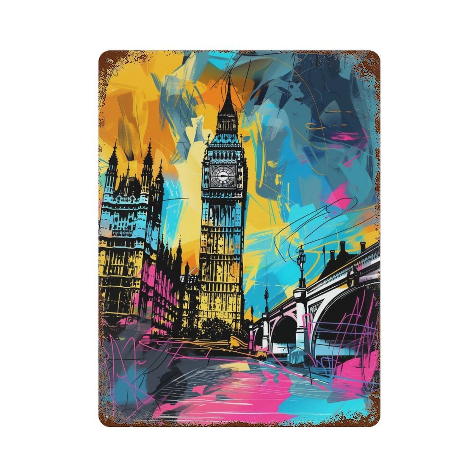 London's Vibrant Big Ben 15.7"x11.8" Aged Metal Wall Plaque, Vintage Wall Decor for Basement, Hobby Room And Garage Decor