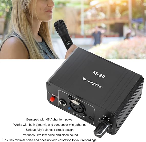Microphone Preamp High Gain 20dB with 48V Power XLR Output for Dynamic & Condenser Microphones Booster - Compact Lightweight Mic Preamplifier in Black Metal Case