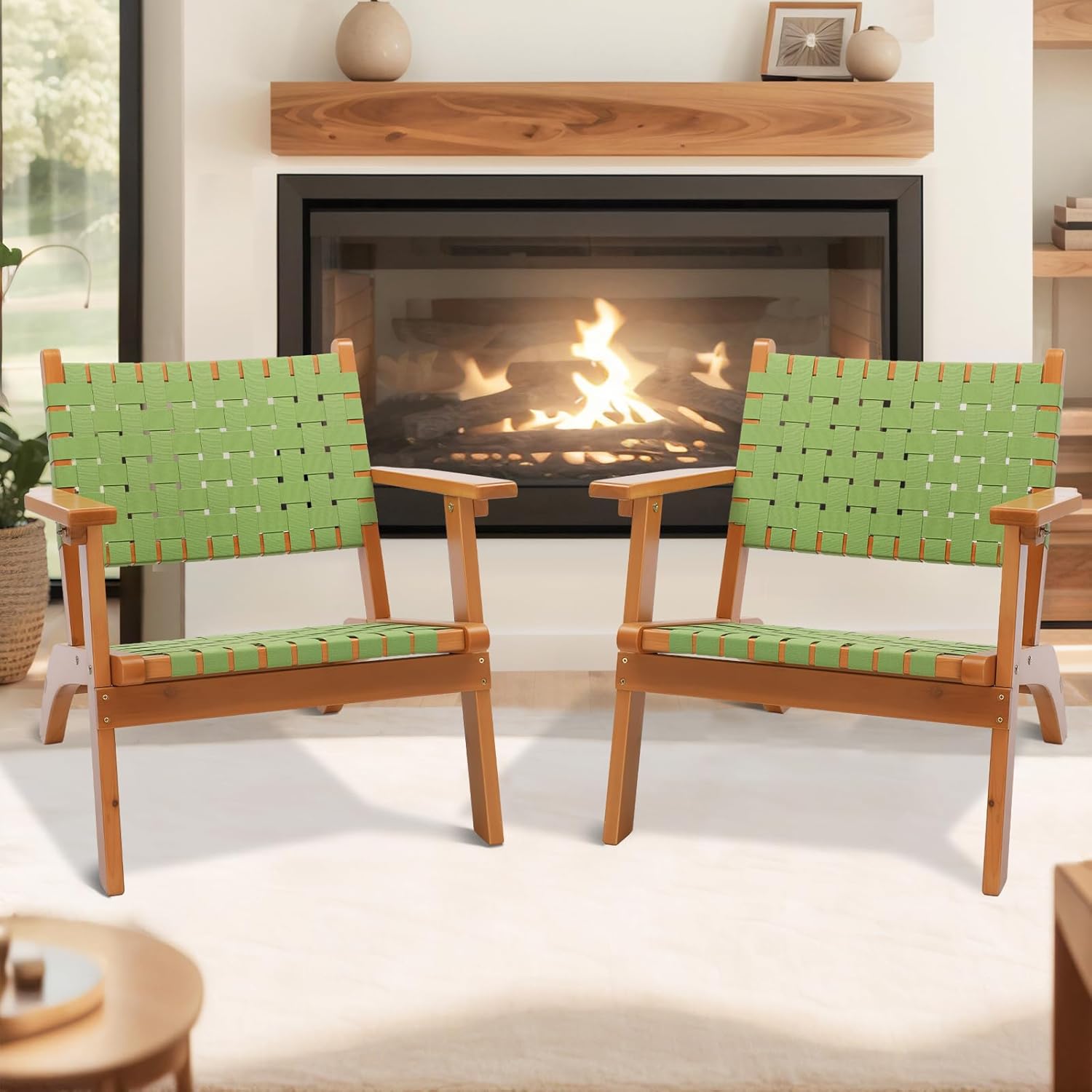VINGLI Outdoor Armchair, All-Weather Wooden Patio Chair with Waterproof PE Woven Fabric, Adirondack Chair for Garden, Lawn and Poolside (1, Green and Brown)