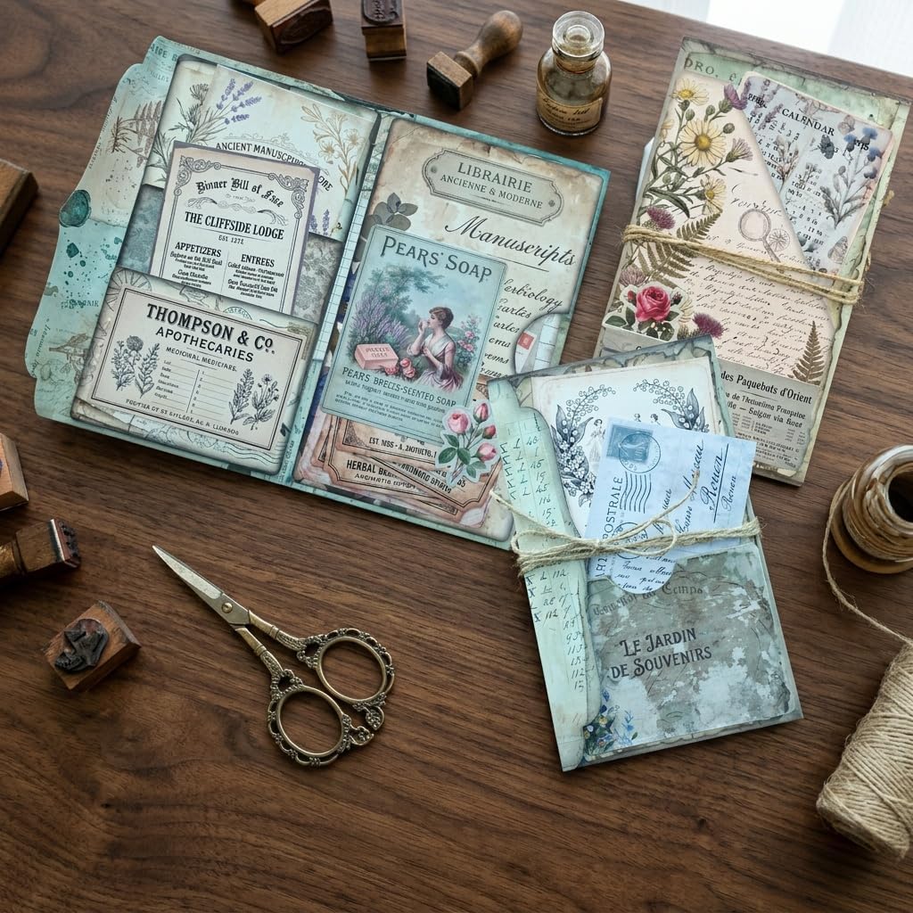 Vintage Curiosity Reverie Junk Journal Folio Kit, Vintage Scrapbook DIY Handcraft Supplies, Creative Mini Folder & Booklet Making Set for Handmade Art Projects