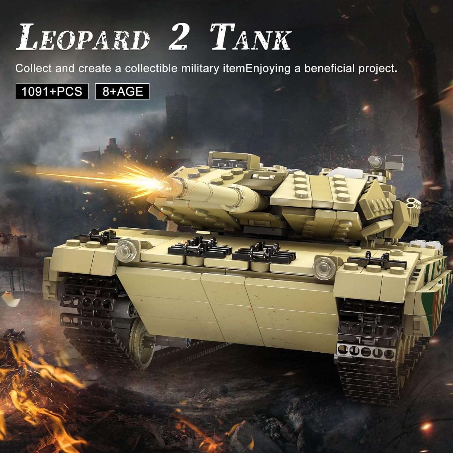 Assembled Mould King Leopard 2 Tank model with 1091+ pieces.