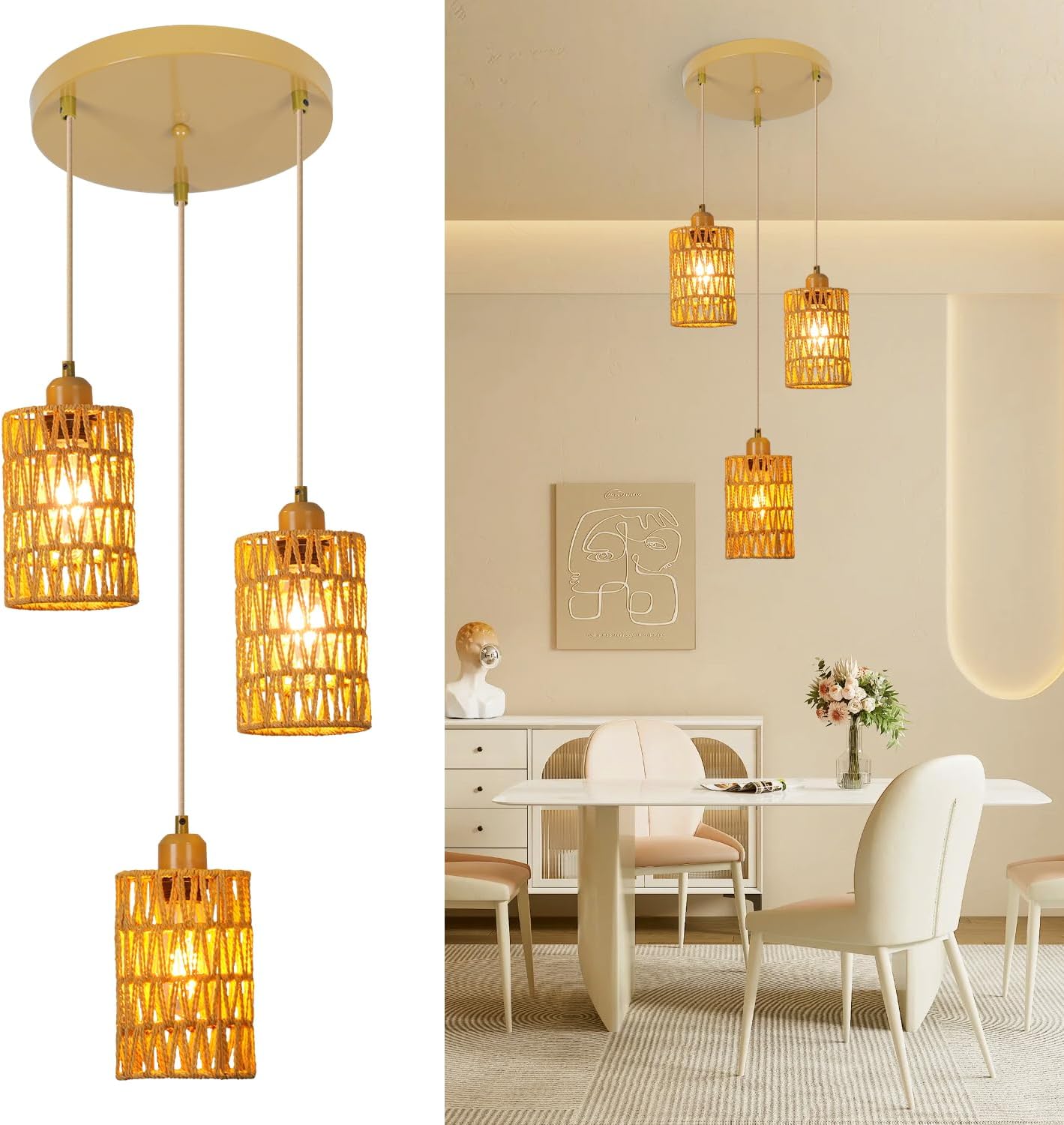 Pendant Lights Rattan 3 Lights, Boho Lamp Hanging Ceiling Light Natural Rattan Lampshade Cord Adjustable 152cm, E27 Vintage Kitchen Light Fitting, Rustic Lamp Fixtures Dining Living Room