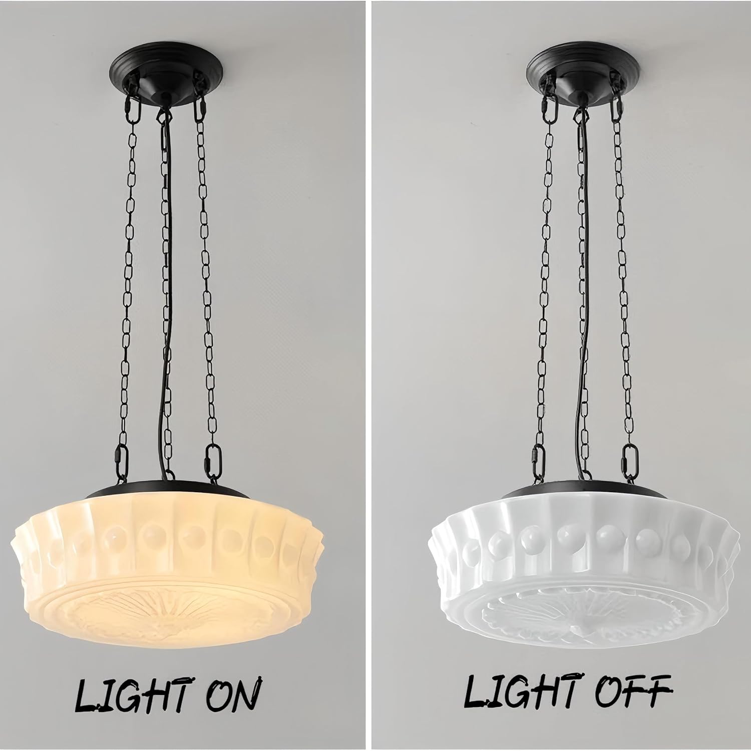 LIGHTLAND Milk Glass Pendant Light, 13.8 Inch Mid Century Semi Flush Mount Ceiling Light Fixture with 39.4 Inch Adjustable Chain, Vintage Chandelier for Bedroom, Living Room, Dining Room, Hallway