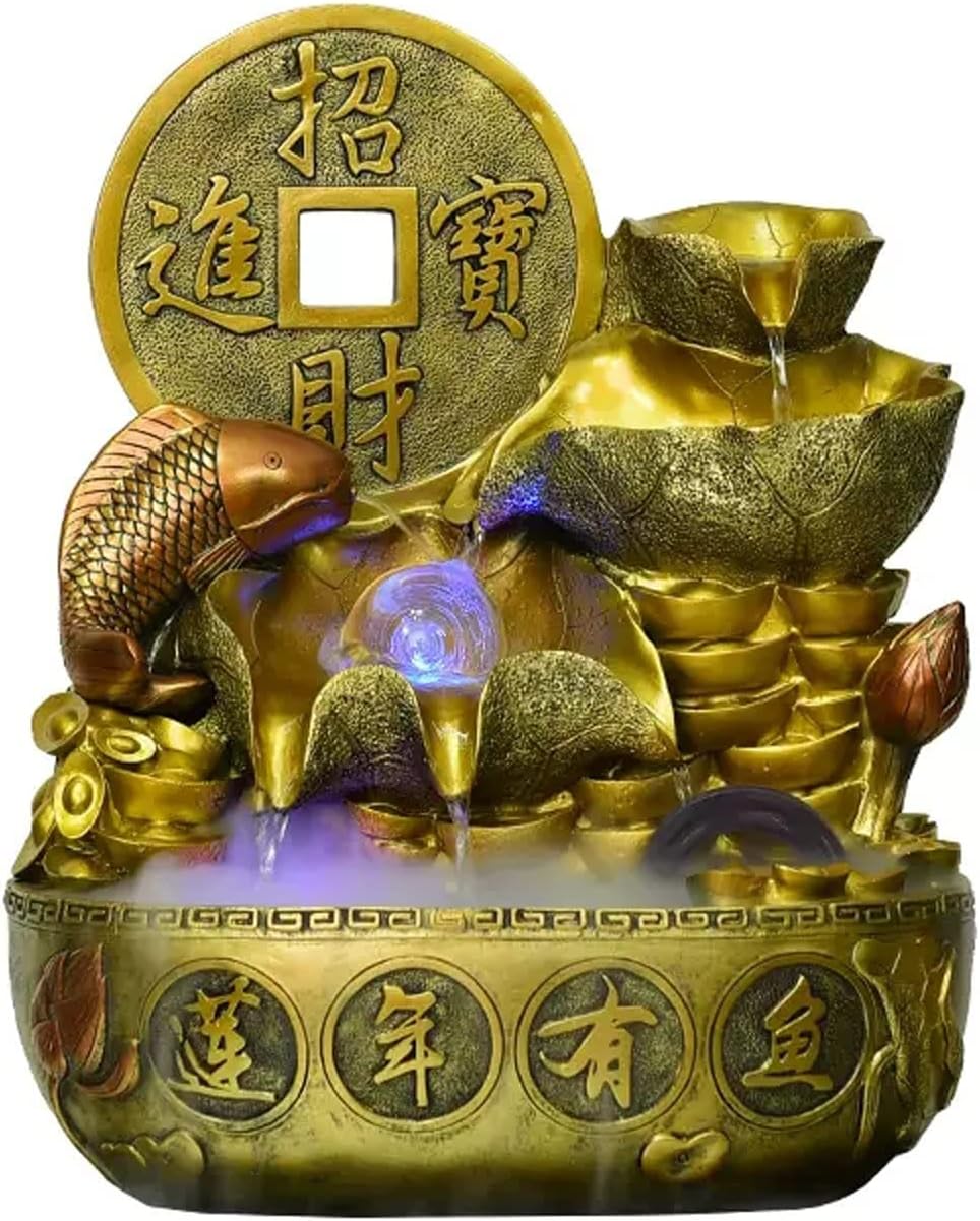 Tabletop Fountains Indoor Fountain Chinese Style Tabletop Fountain Waterfall Fountains Relaxation Water Feature Feng Shui Desktop Fountain for Home and Office Indoor Decor, Gold Relaxation Fountains(S